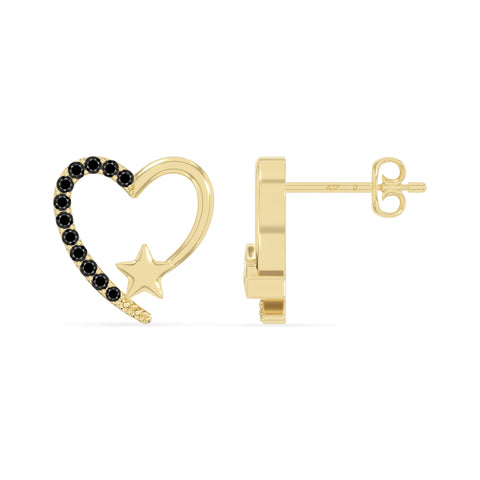 natural black-onyx heart-star stud earrings in yellow gold vermeil 