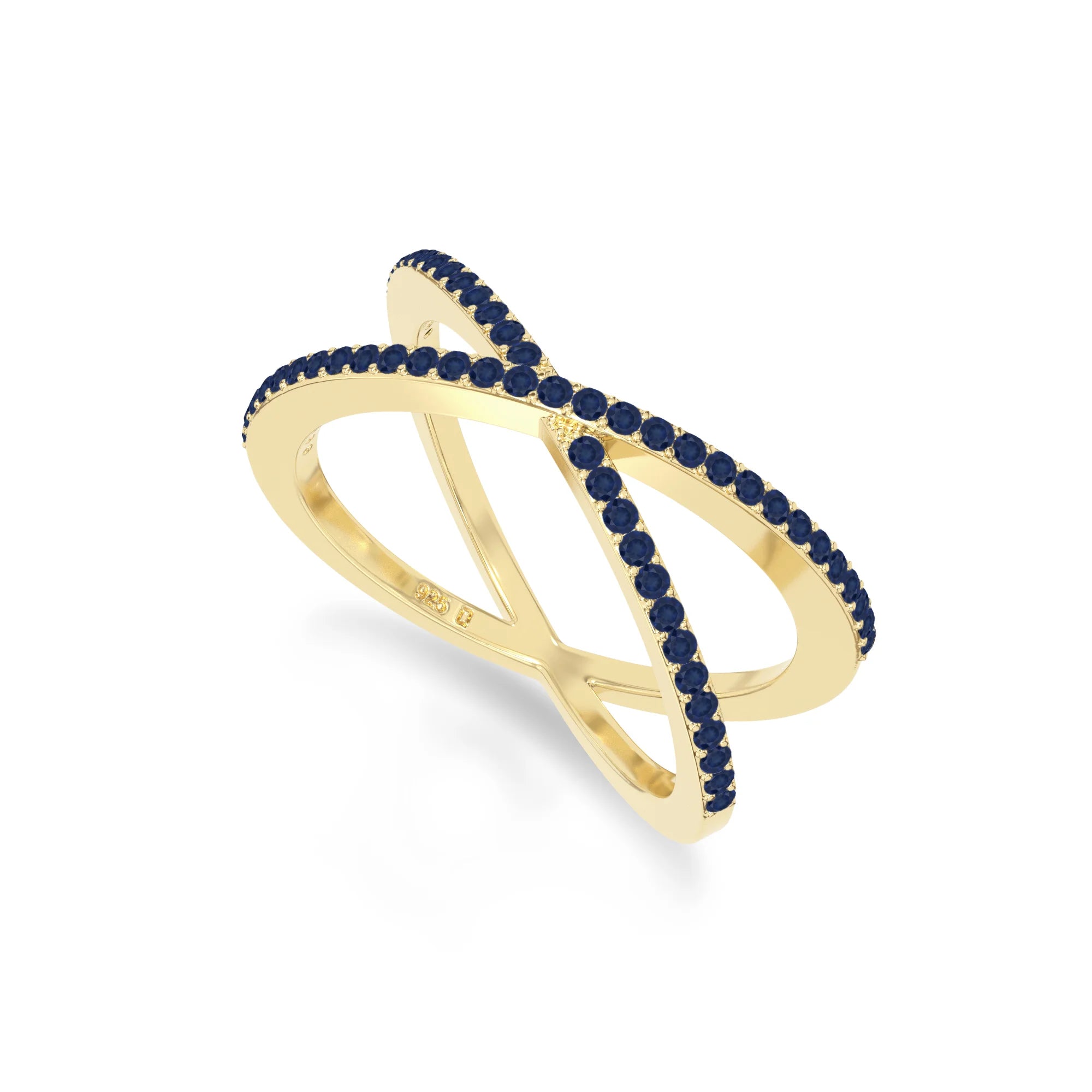 natural blue sapphire criss cross band rings in yellow gold vermeil