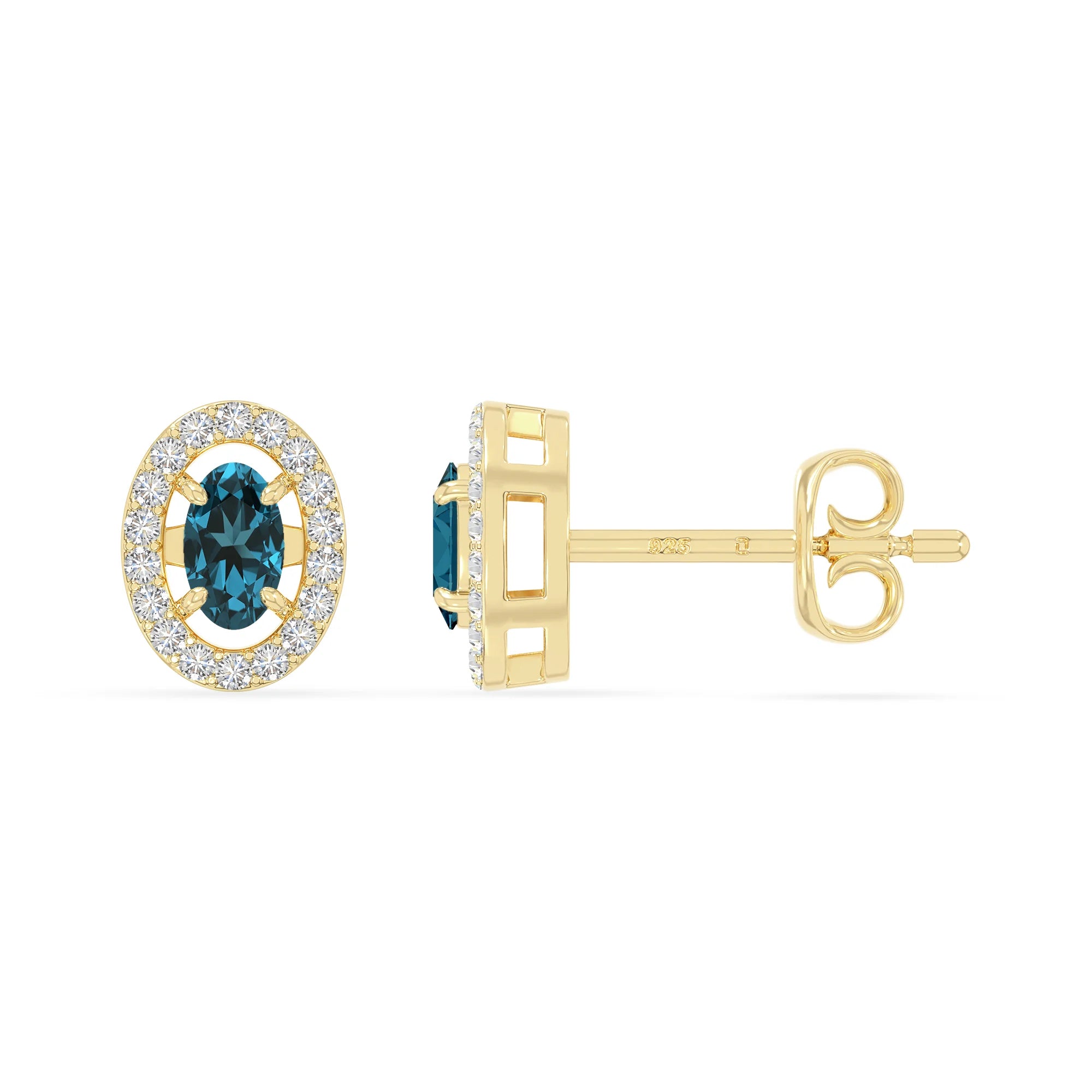 natural london-blue-topaz halo stud earrings in yellow gold vermeil 