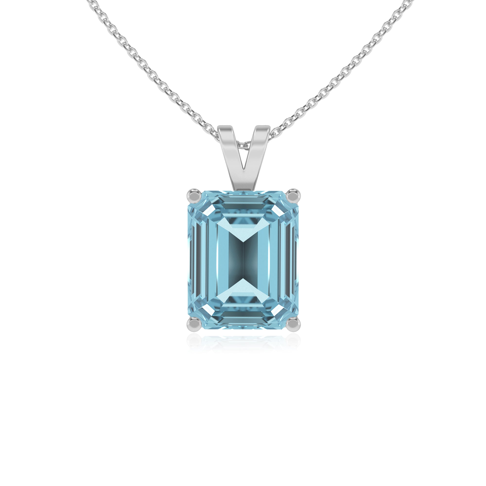 lab grown aquamarine emerald-cut shape solitaire v-bale pendant necklace