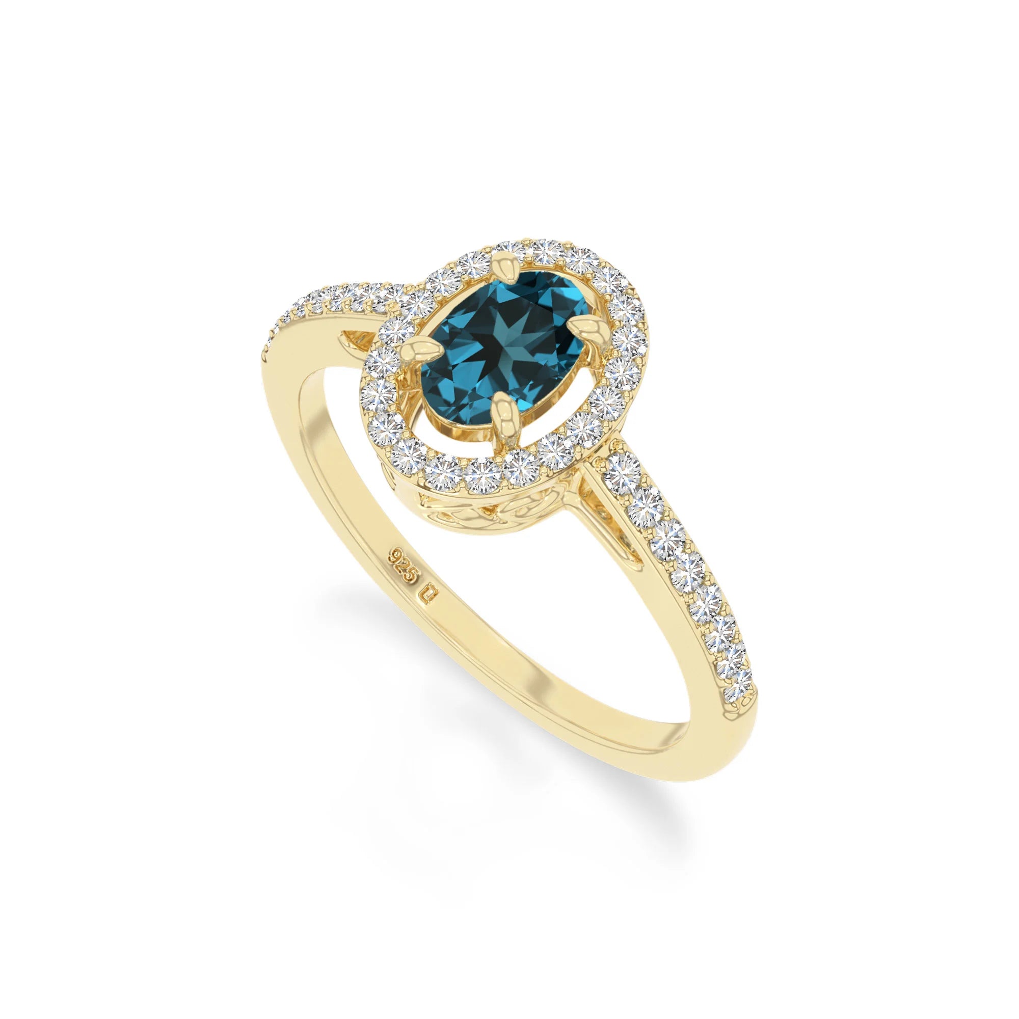 natural london blue topaz solitaire halo engagement rings in yellow gold vermeil