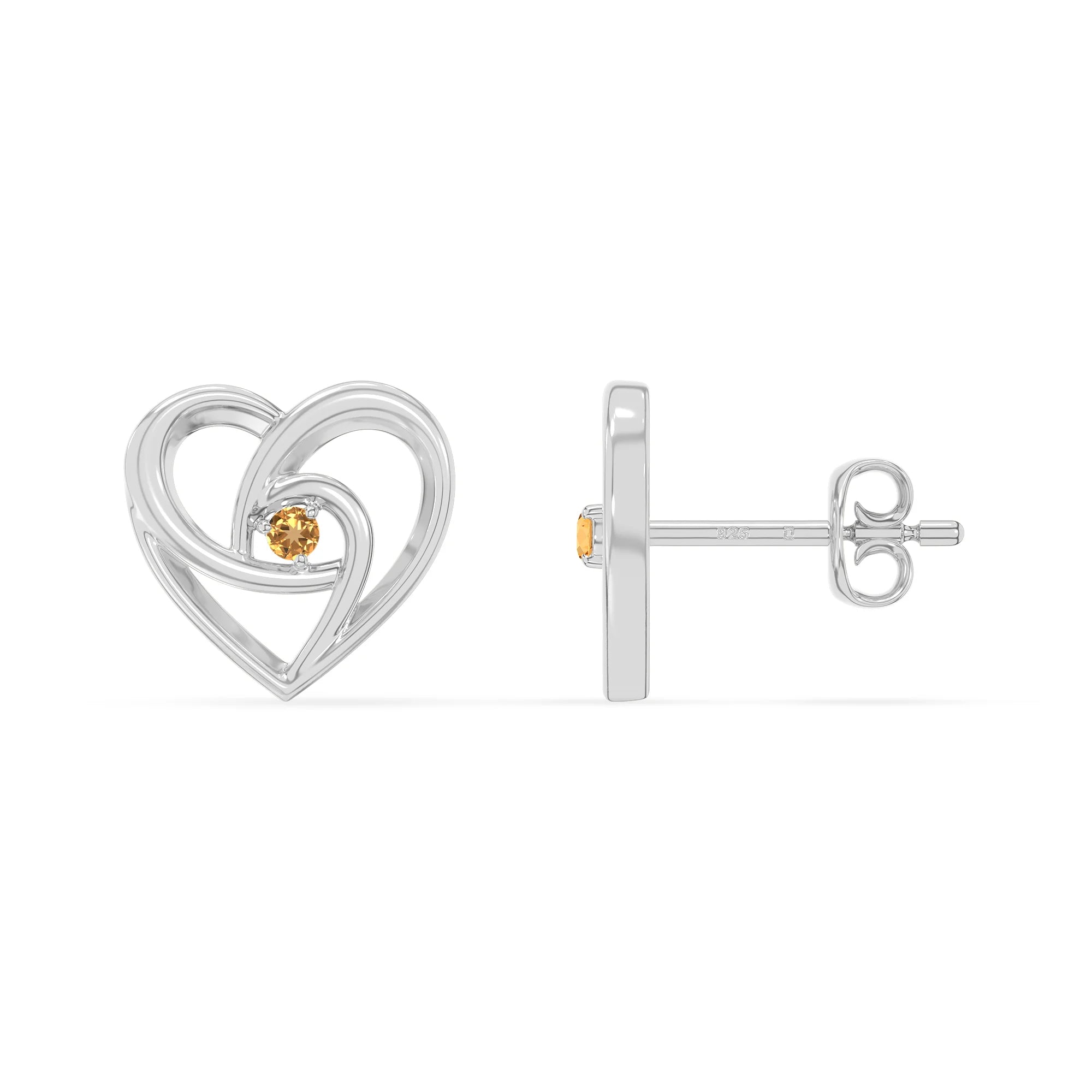 natural citrine heart stud earrings in sterling silver 