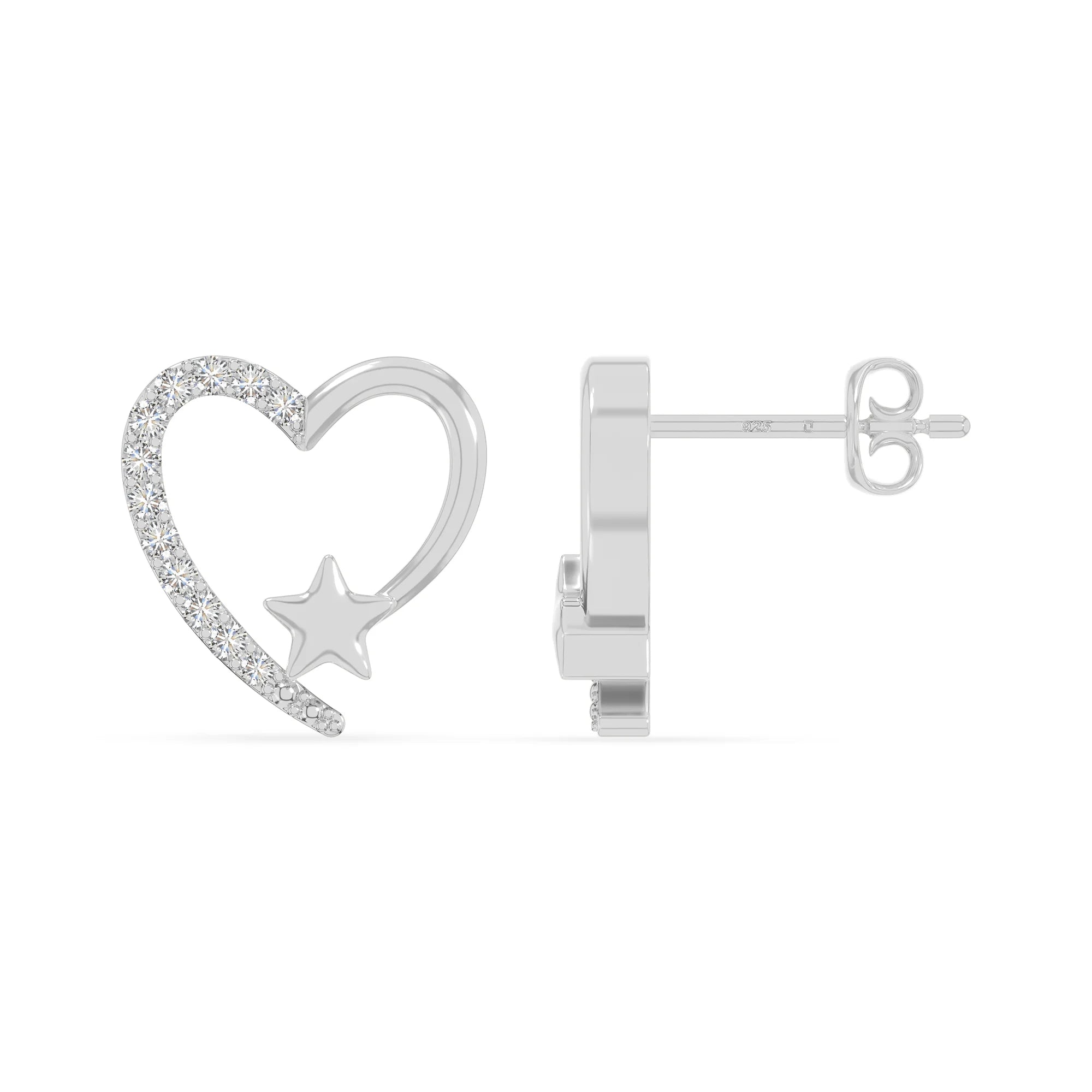moissanite heart-star stud earrings in sterling silver 