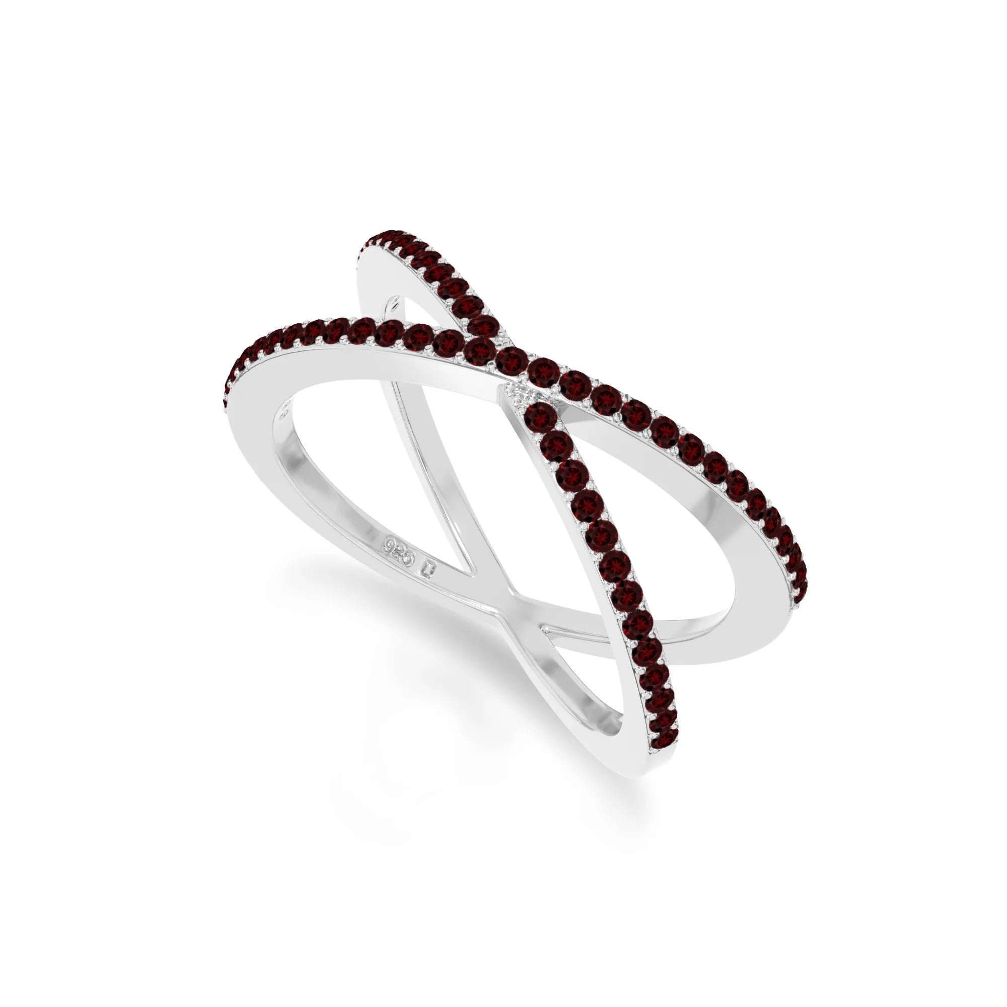 natural garnet criss cross band rings in sterling silver 