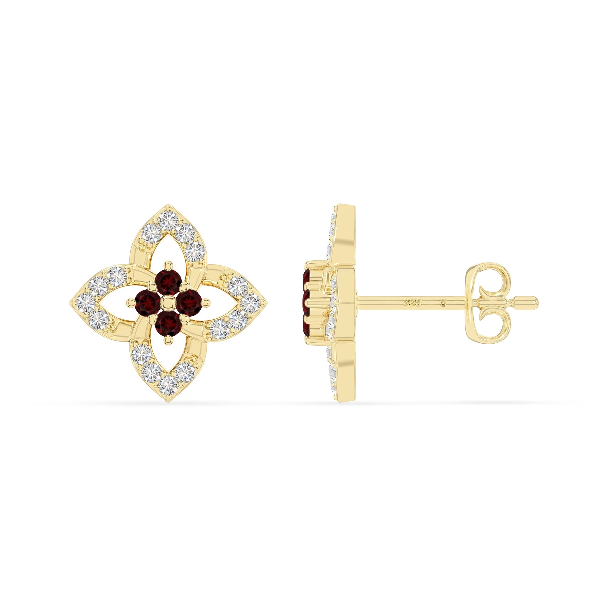 natural garnet 4 petal flower stud earrings in yellow gold vermeil 