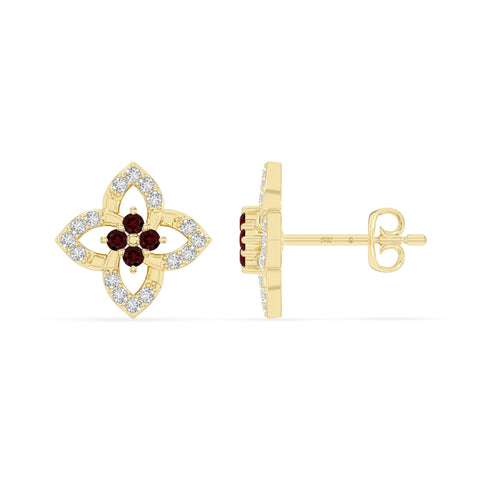 natural garnet 4 petal flower stud earrings in yellow gold vermeil 