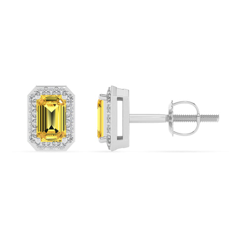 lab grown yellow sapphire emerald cut stud earrings with moissanite 