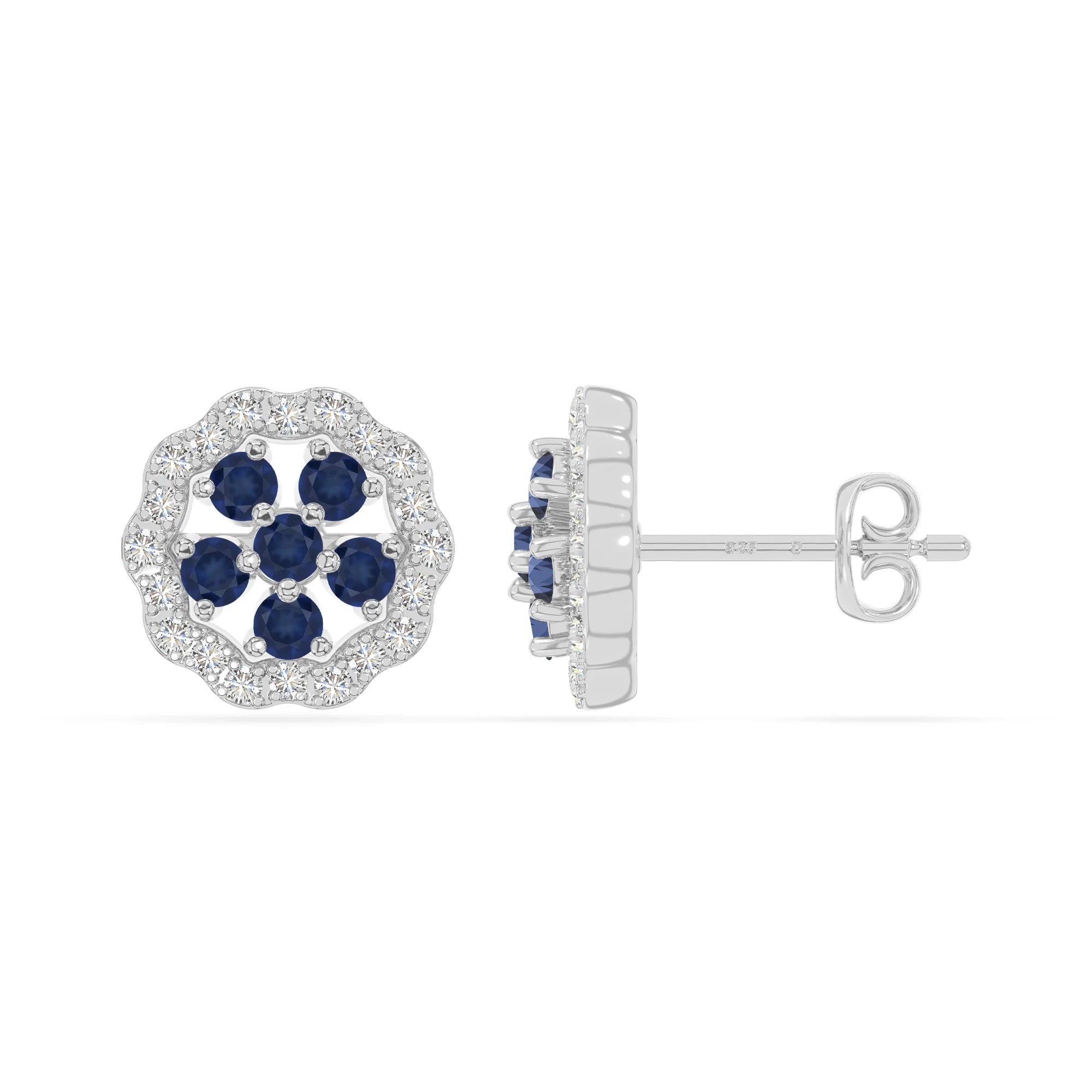natural blue-sapphire flower stud earrings in sterling silver 