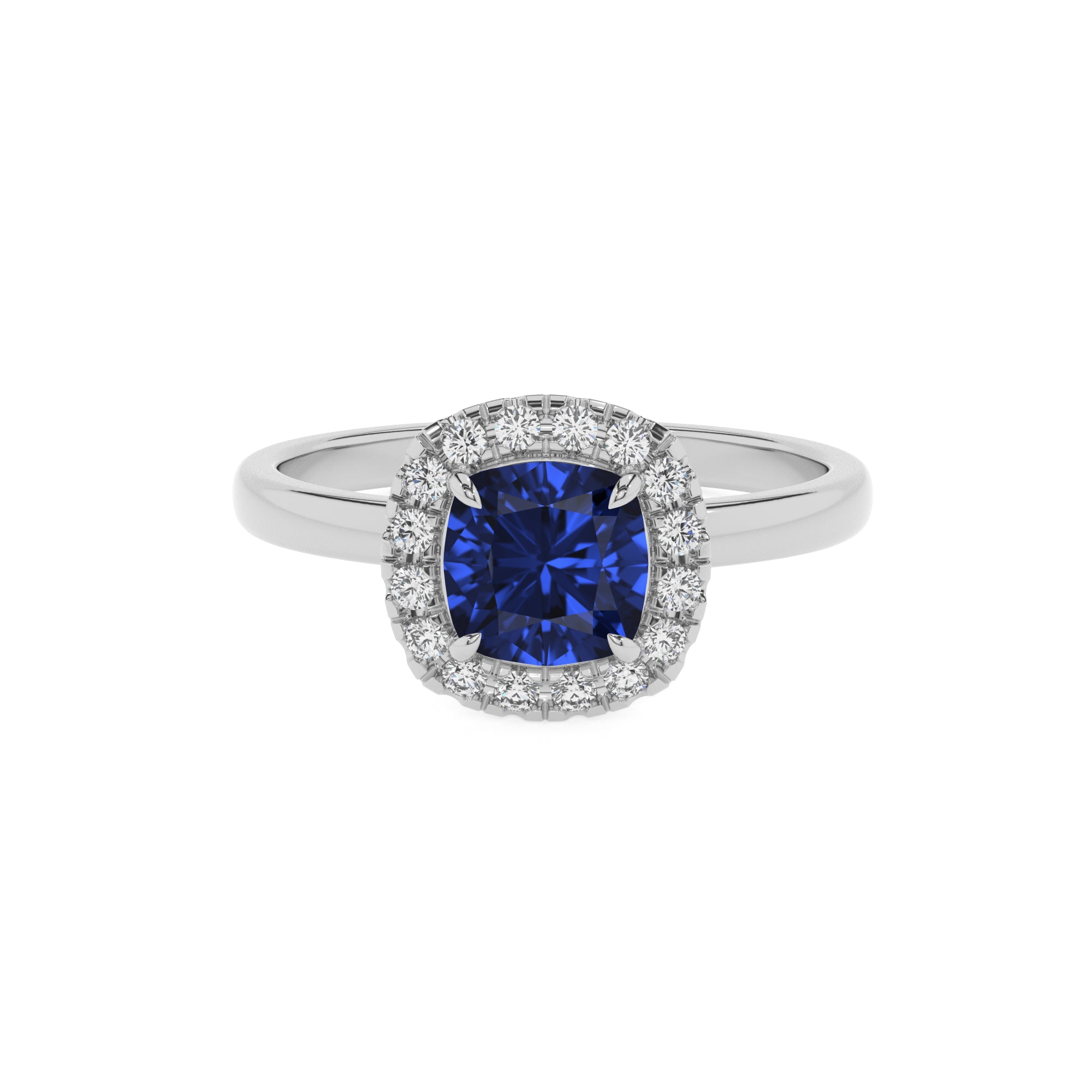 lab-grown blue-sapphire cushion halo solitaire engagement ring