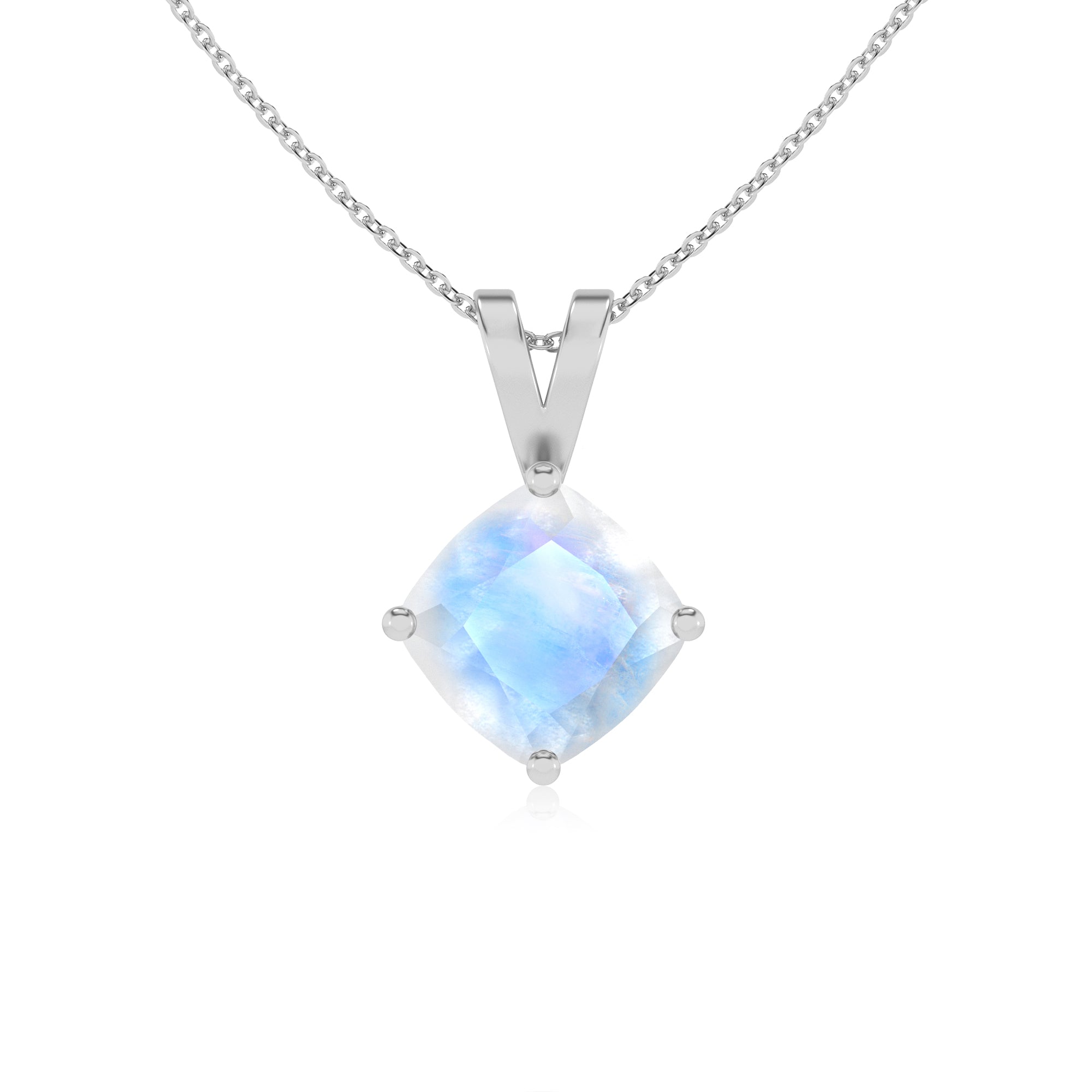 natural rainbow moonstone cushion shape solitaire v-bale pendant necklace