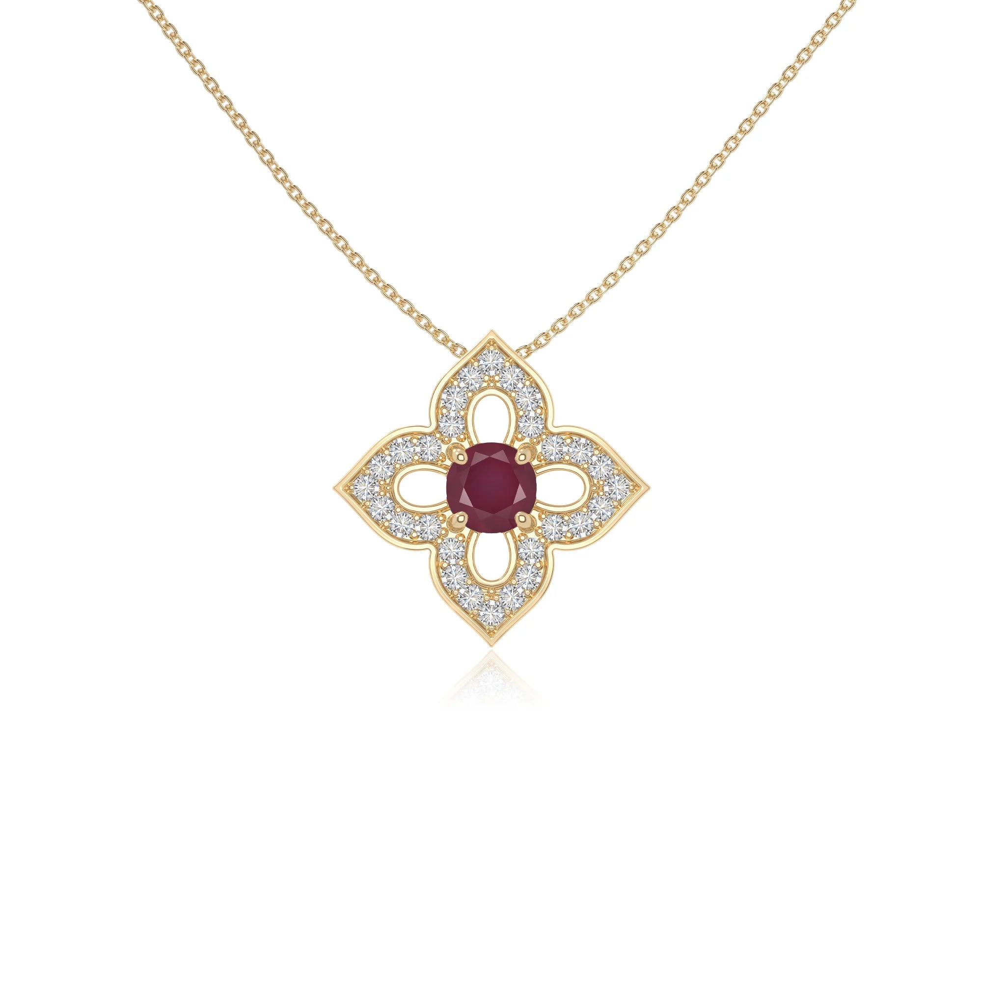natural ruby 4 petal flower necklaces in yellow gold vermeil 