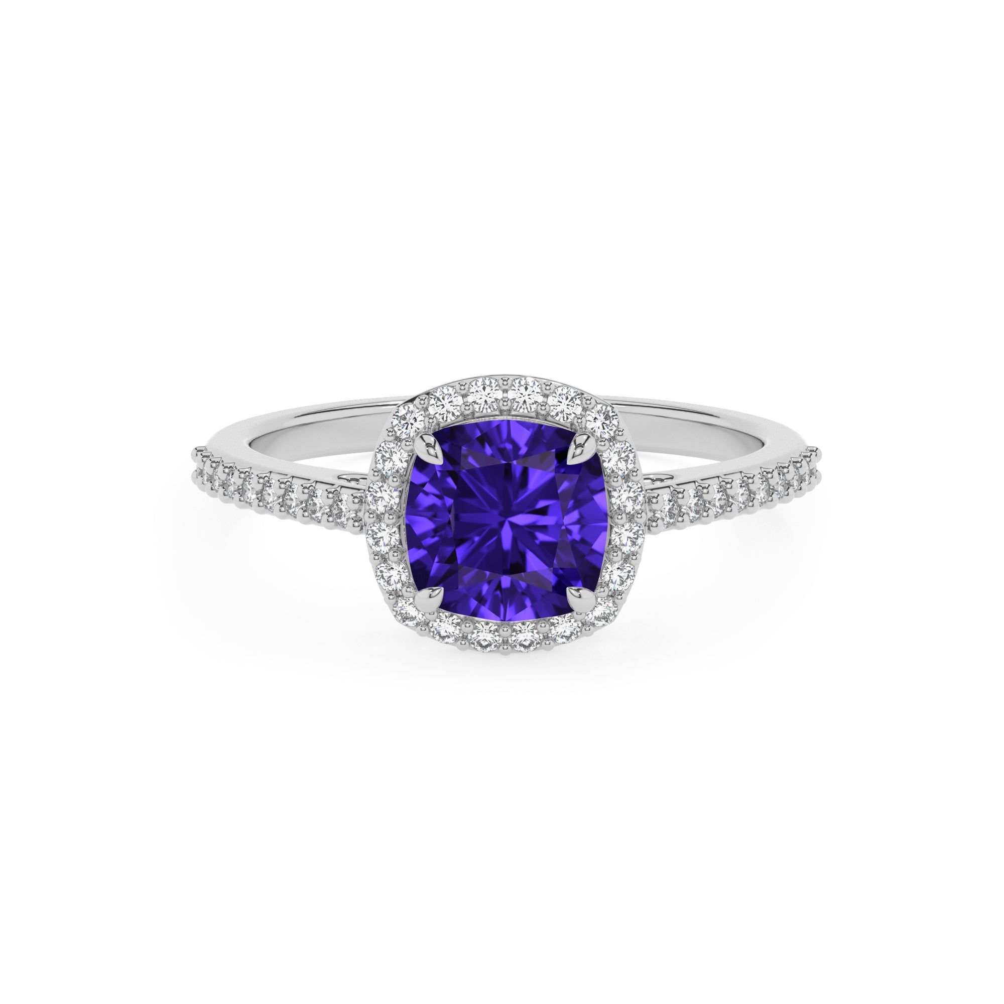 lab-grown tanzanite cushion half eterity halo solitaire engagement ring