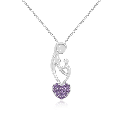 natural amethyst mother child heart necklaces in sterling silver 