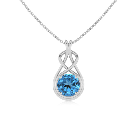 natural swiss blue topaz round shape solitaire infinity knot pendant necklace