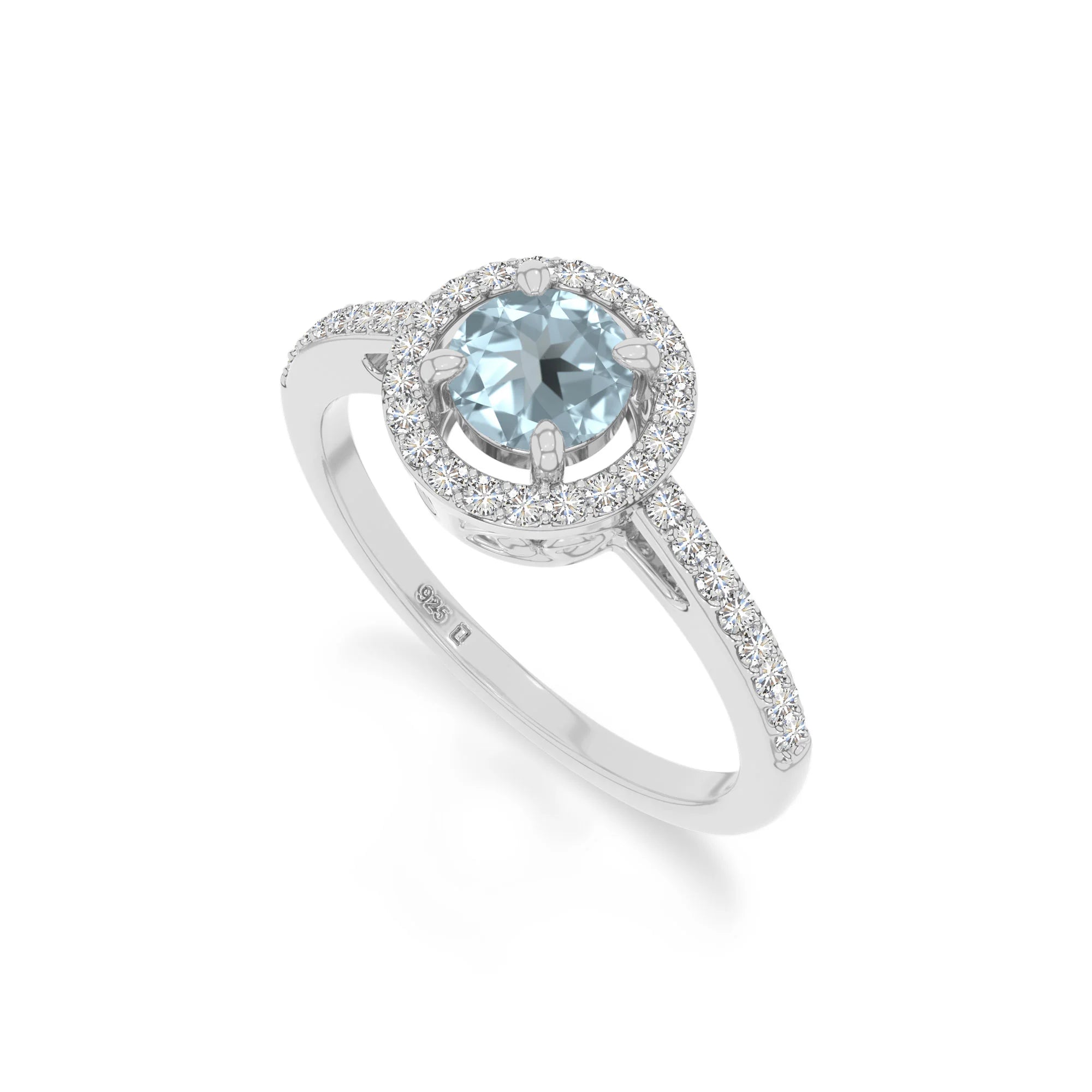 natural aquamarine solitaire halo engagement rings in sterling silver 