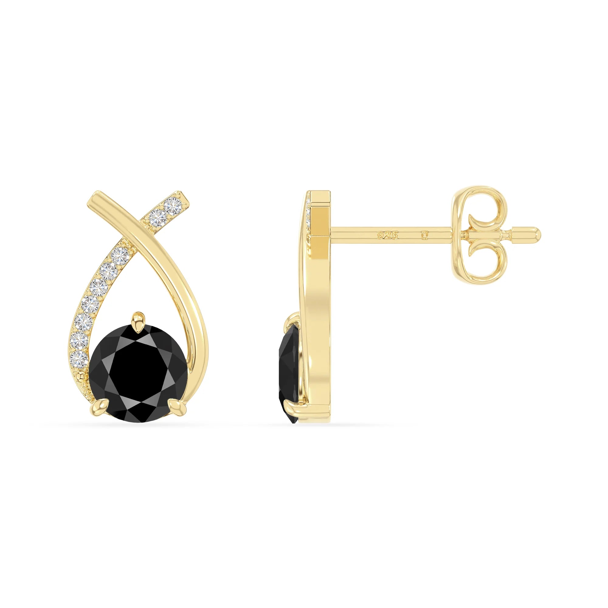 natural black-onyx fishtail stud earrings in yellow gold vermeil 
