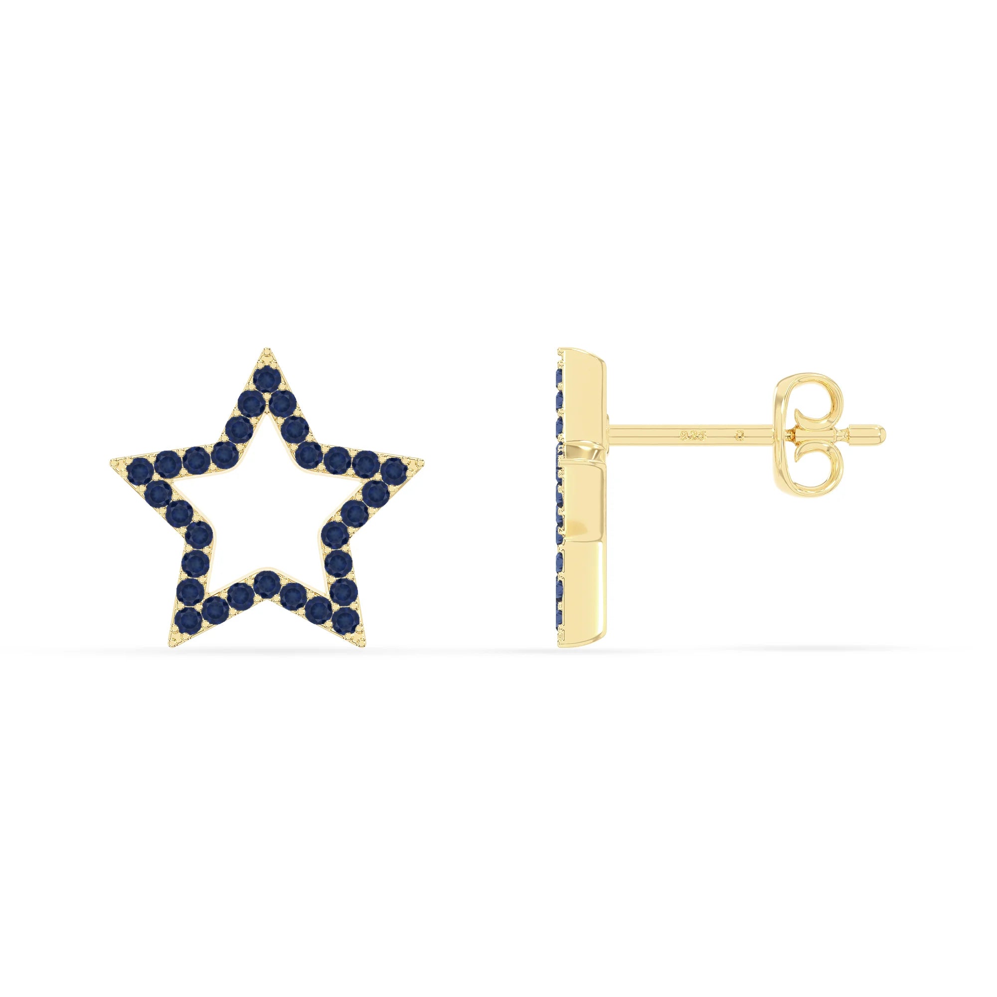 natural blue-sapphire star stud earrings in yellow gold vermeil 