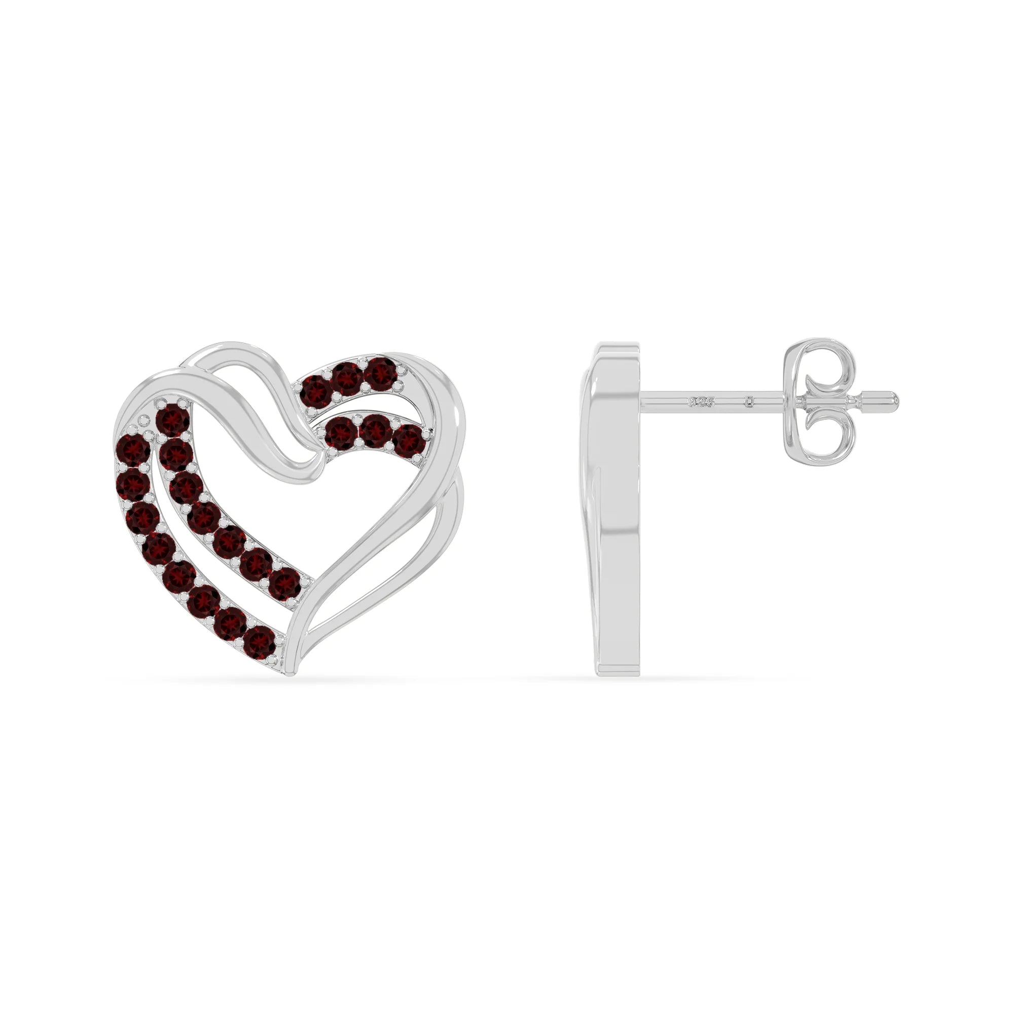 natural garnet heart-in-heart stud earrings in sterling silver 