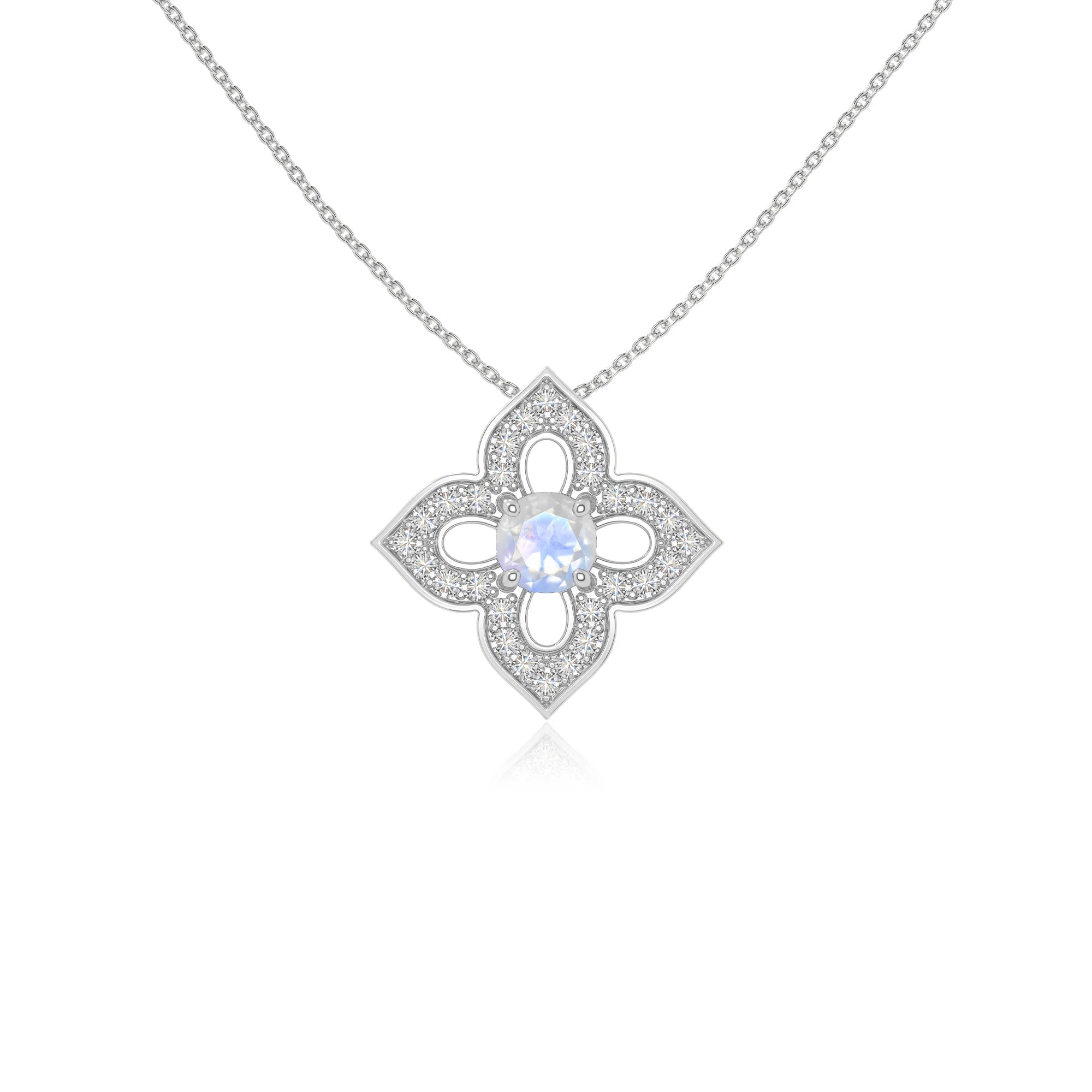 rainbow moonstone 4 petal flower necklaces in sterling silver 