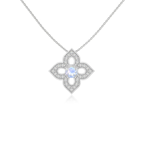 rainbow moonstone 4 petal flower necklaces in sterling silver 