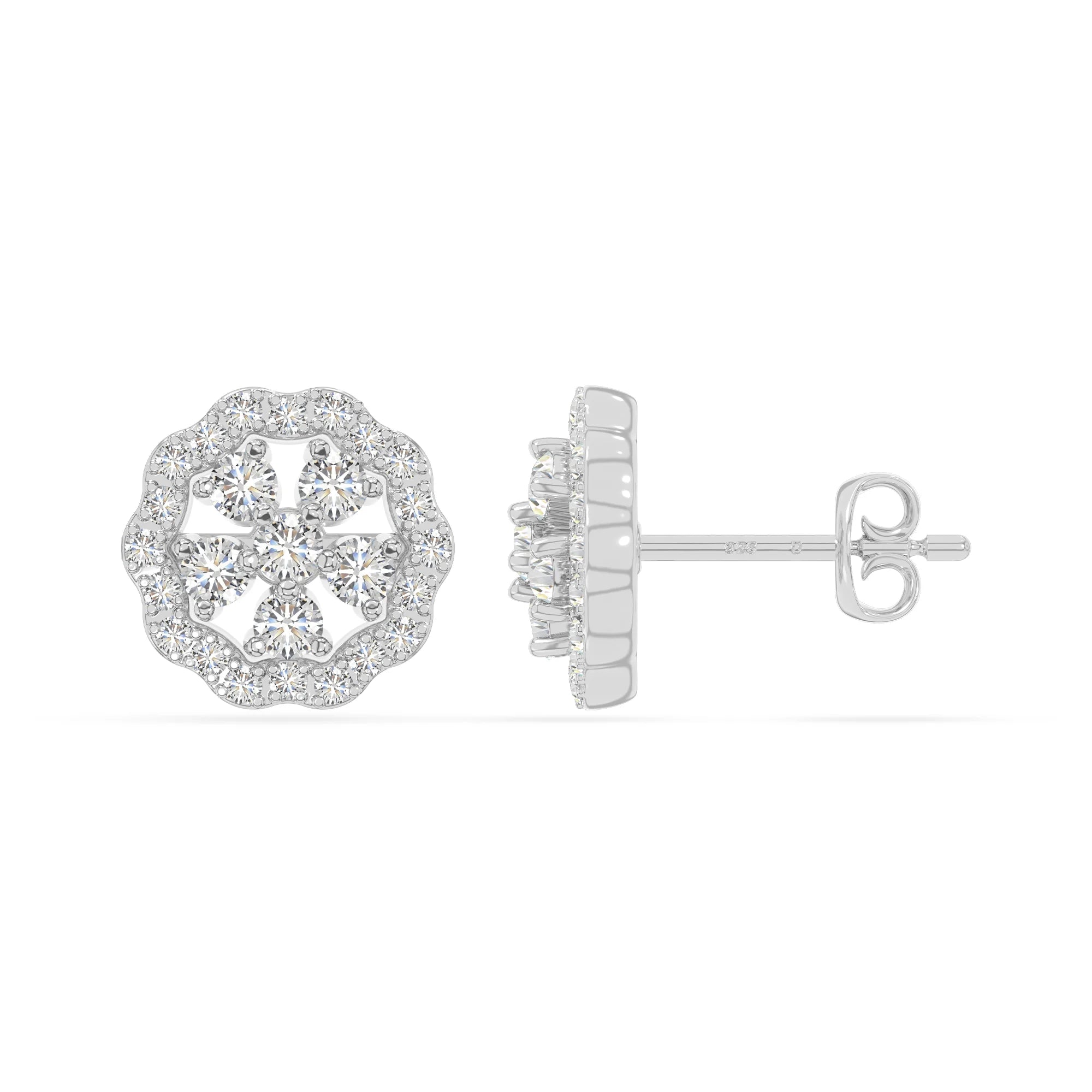 moissanite flower stud earrings in sterling silver 
