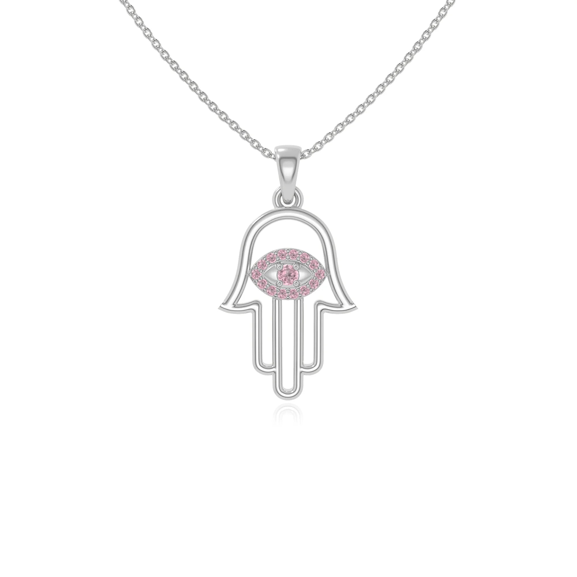 natural pink-tourmaline evil eye hamsa hand necklaces in sterling silver 