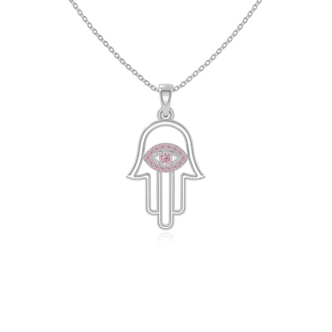 natural pink-tourmaline evil eye hamsa hand necklaces in sterling silver 