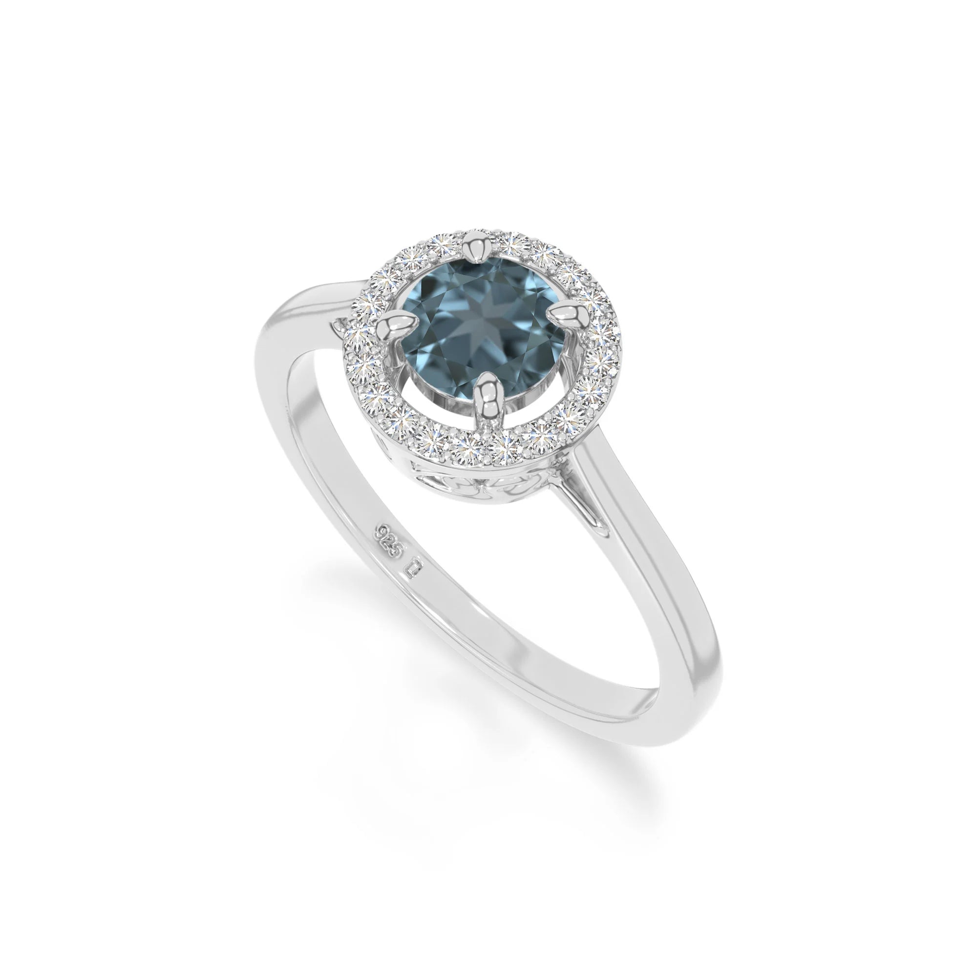 natural london blue topaz solitaire halo engagement rings in sterling silver 