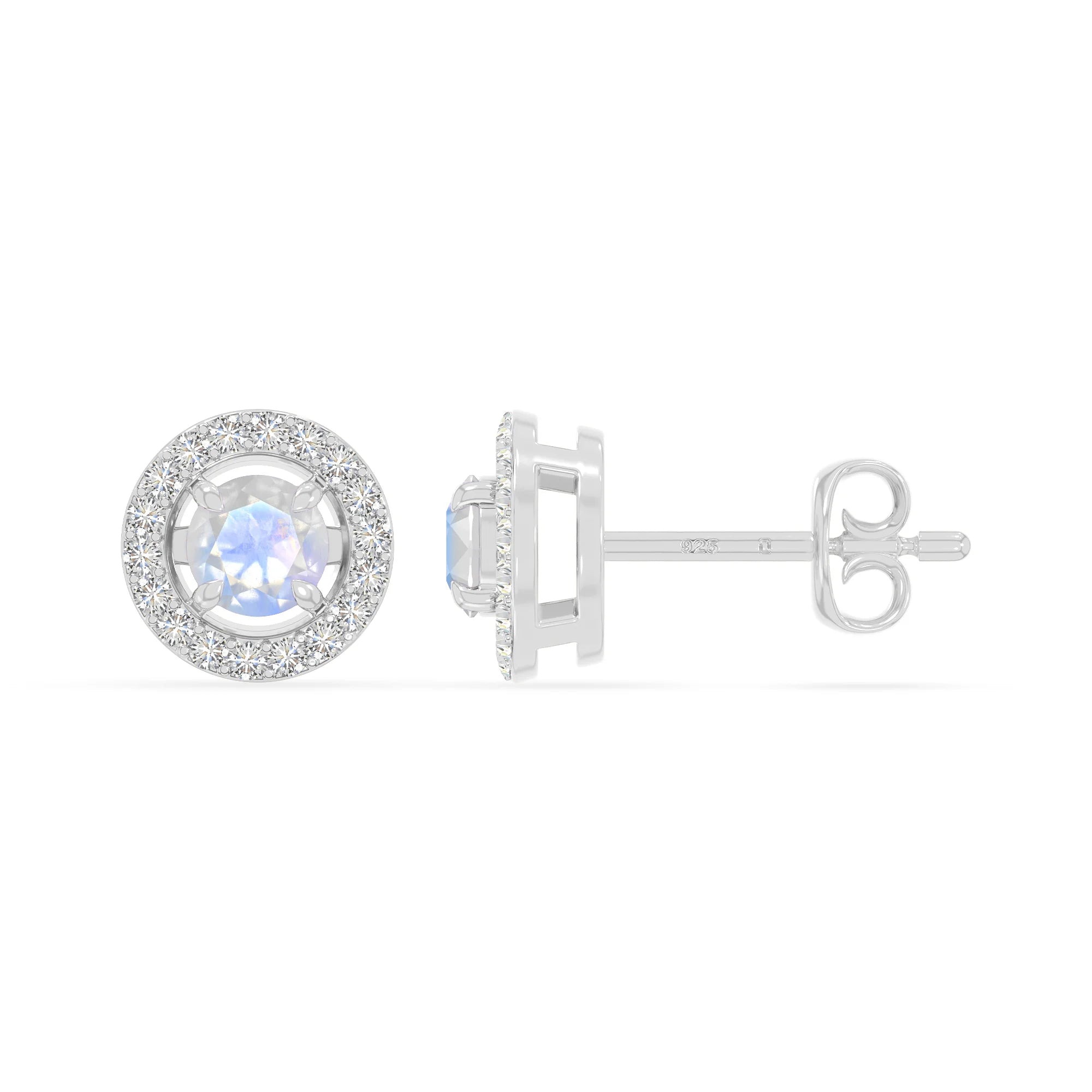 natural rainbow-moonstone halo stud earrings in sterling silver 