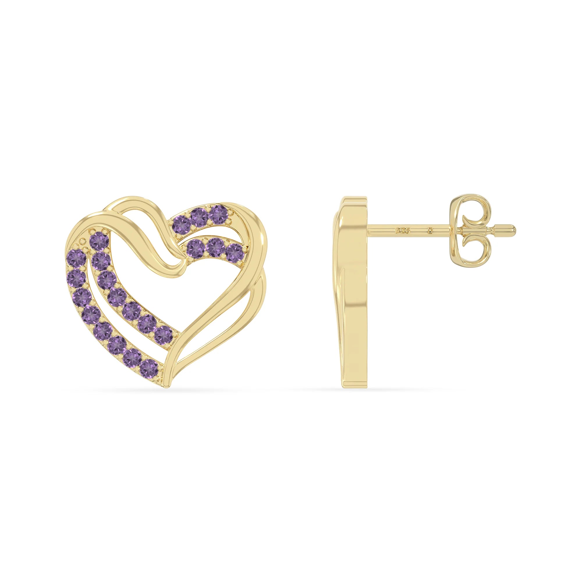 natural amethyst heart-in-heart stud earrings in yellow gold vermeil 