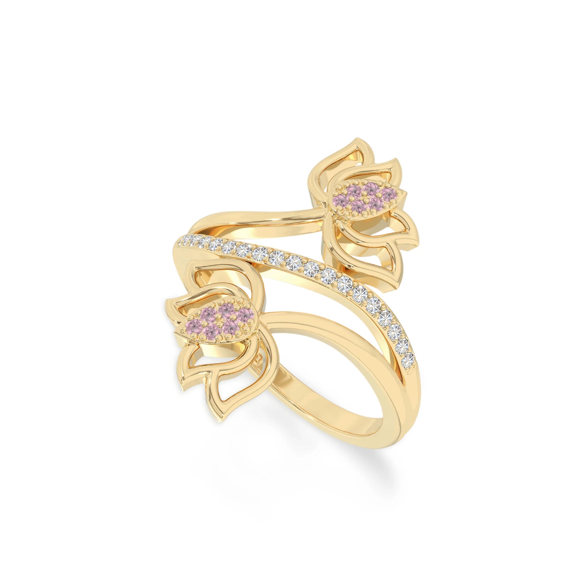 natural pink tourmaline lotus blossom rings in yellow gold vermeil