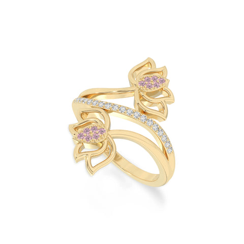 natural pink tourmaline lotus blossom rings in yellow gold vermeil