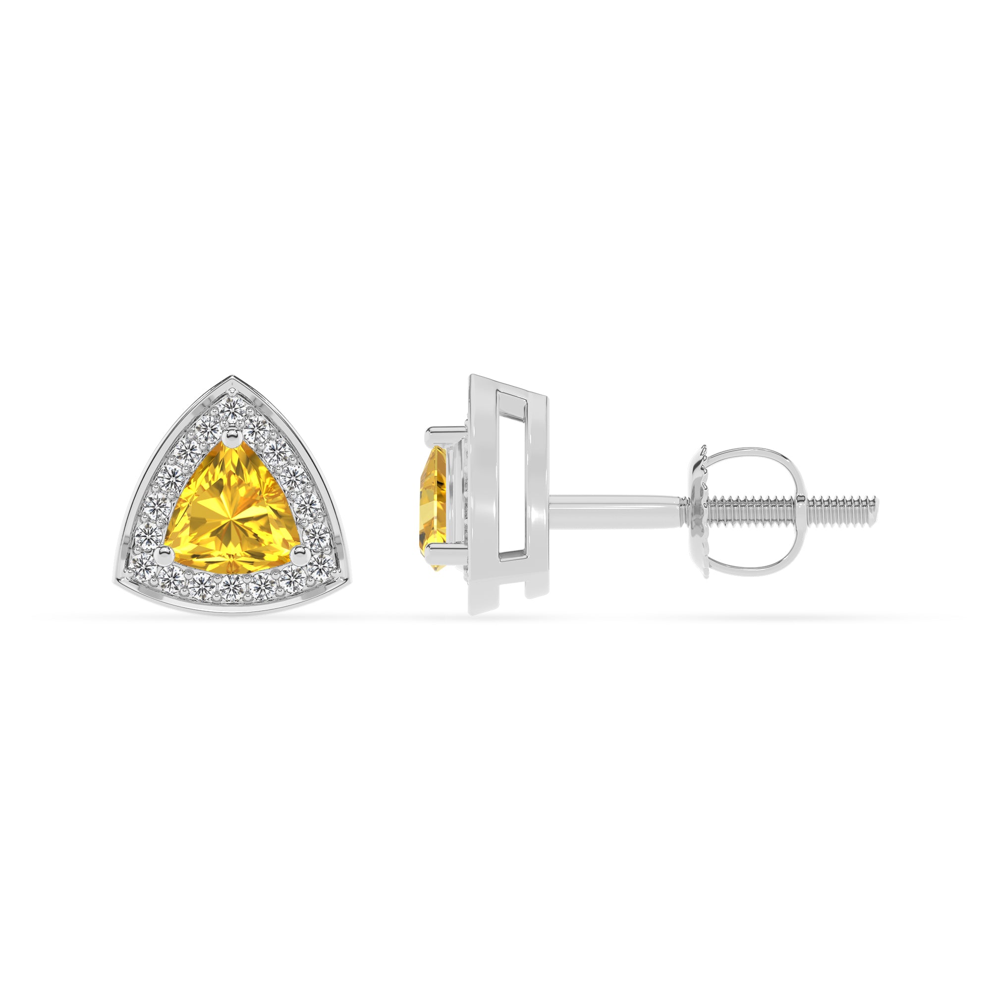 lab grown yellow sapphire trillion stud earrings with moissanite 