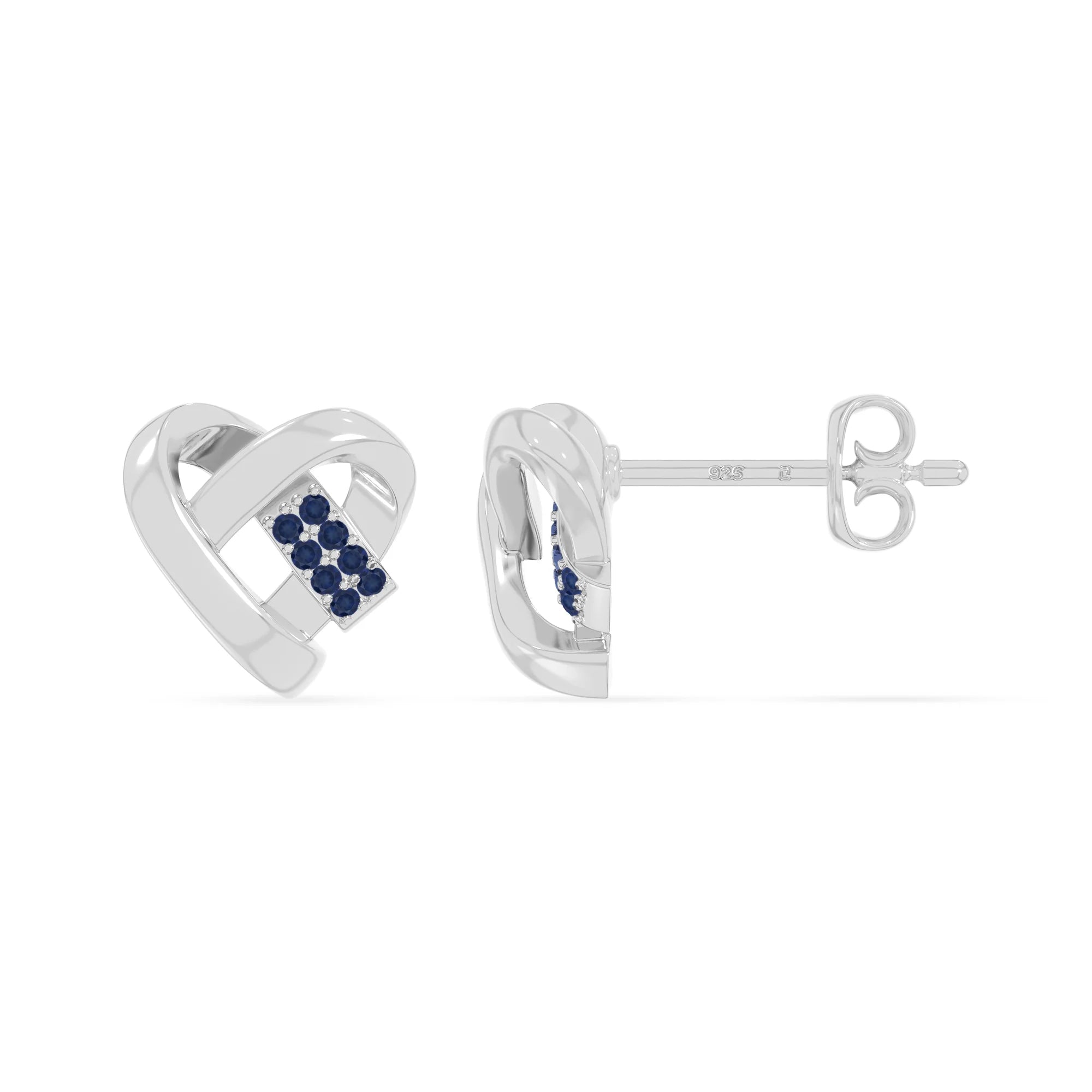 natural blue-sapphire ribbon-heart stud earrings in sterling silver 