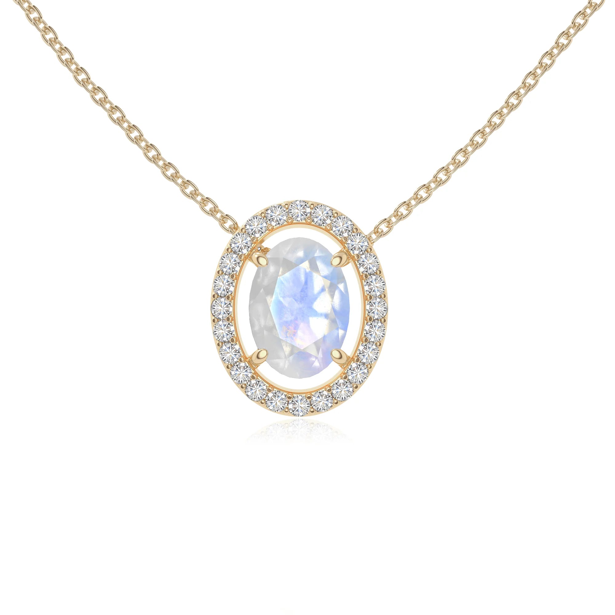 rainbow moonstone solitaire halo necklaces in yellow gold vermeil 