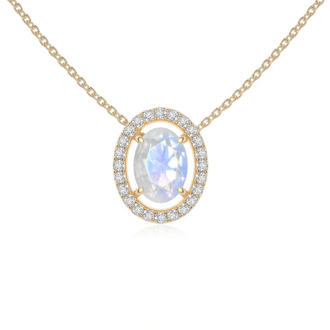 rainbow moonstone solitaire halo necklaces in yellow gold vermeil 