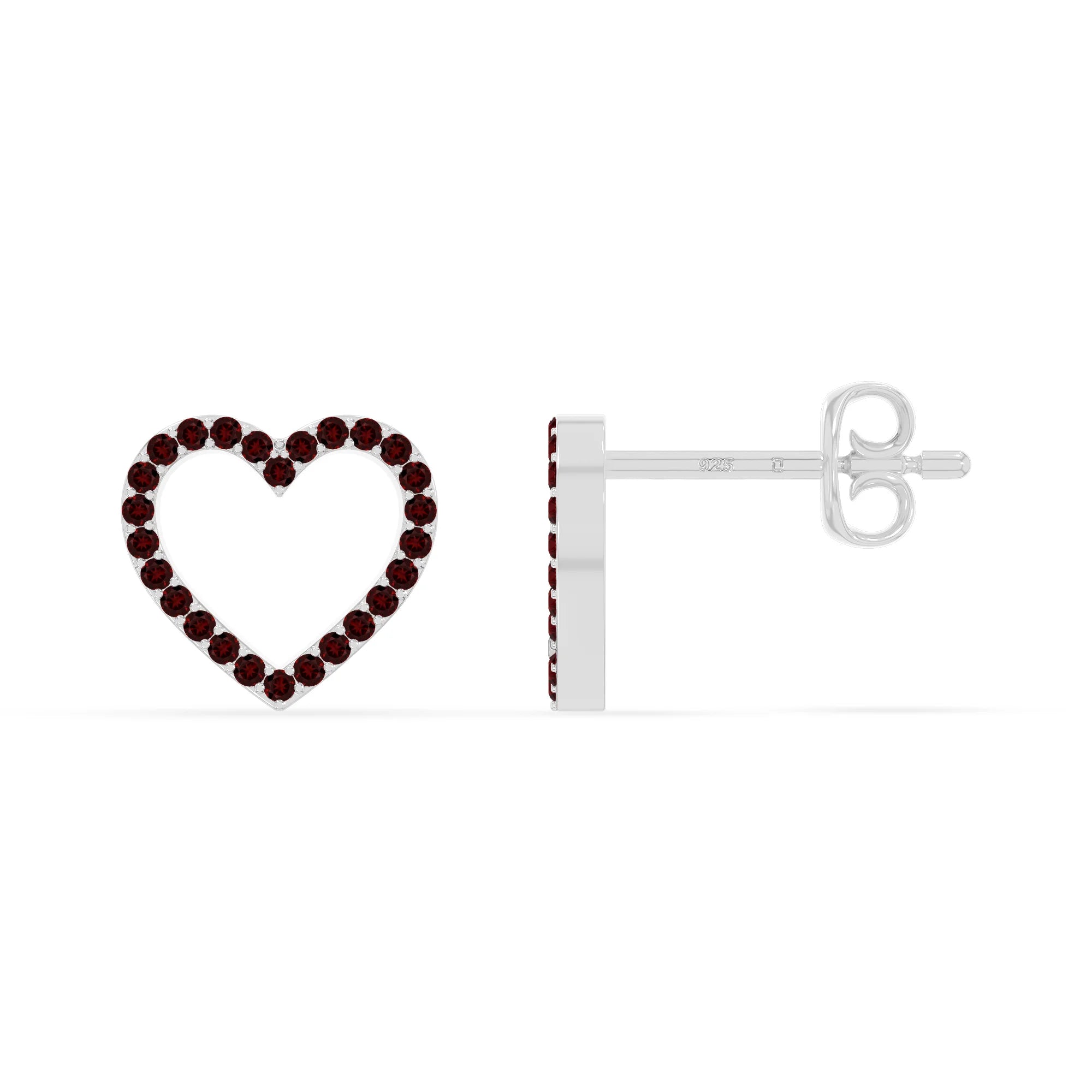 natural garnet heart stud earrings in sterling silver 
