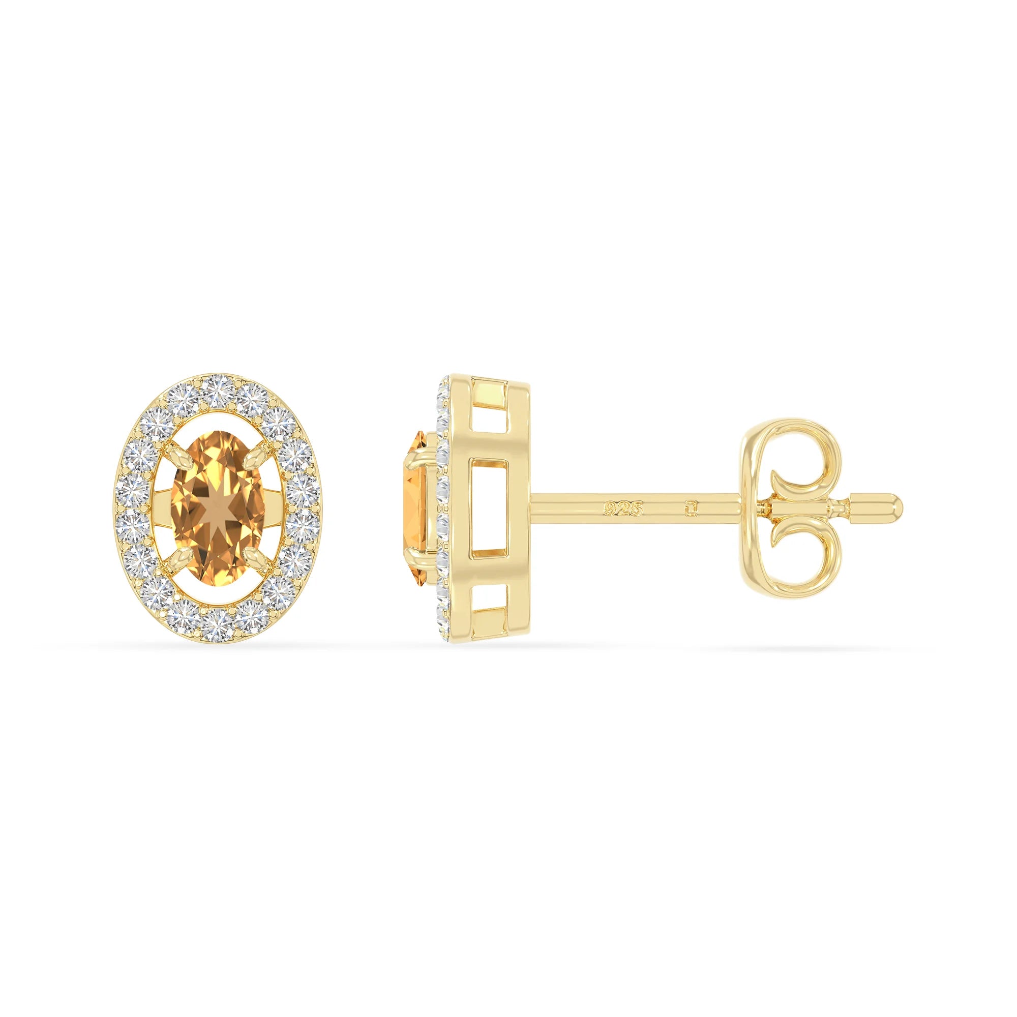 natural citrine halo stud earrings in yellow gold vermeil 
