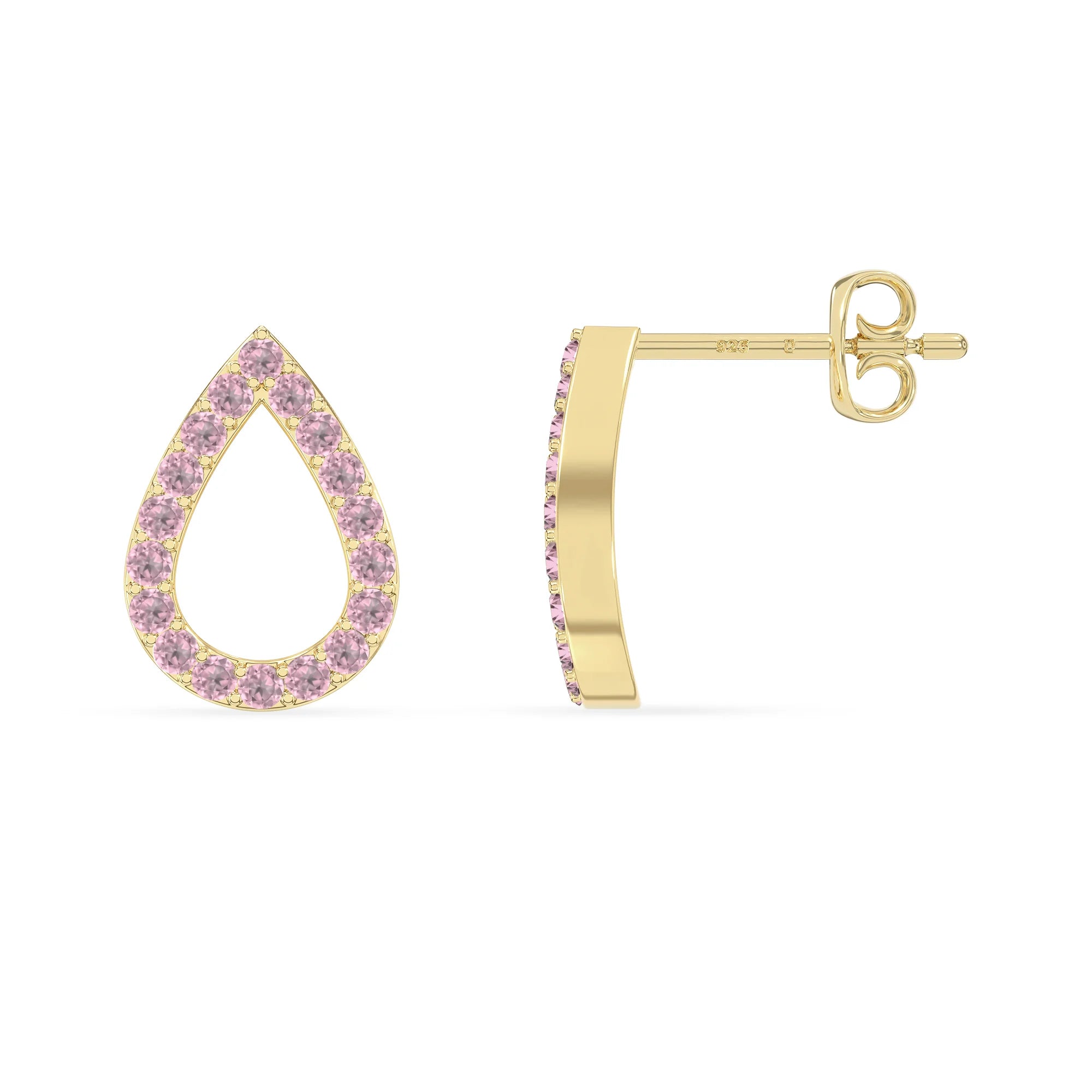 natural pink-tourmaline teardrop stud earrings in yellow gold vermeil 