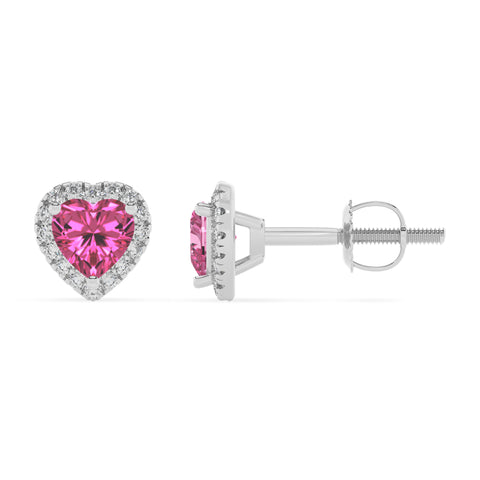 lab grown pink sapphire heart stud earrings with moissanite 