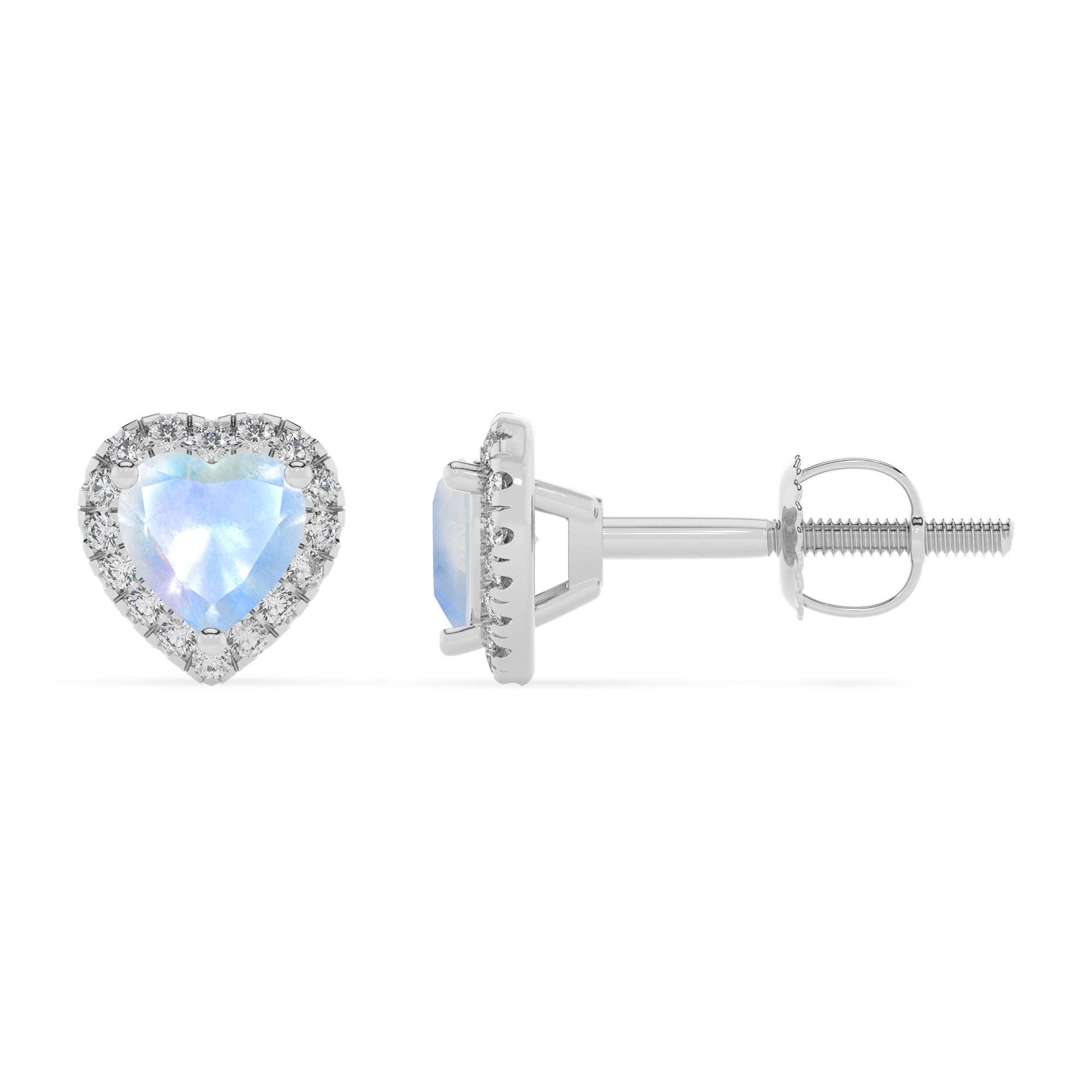 natural rainbow moonstone heart stud earrings with moissanite 