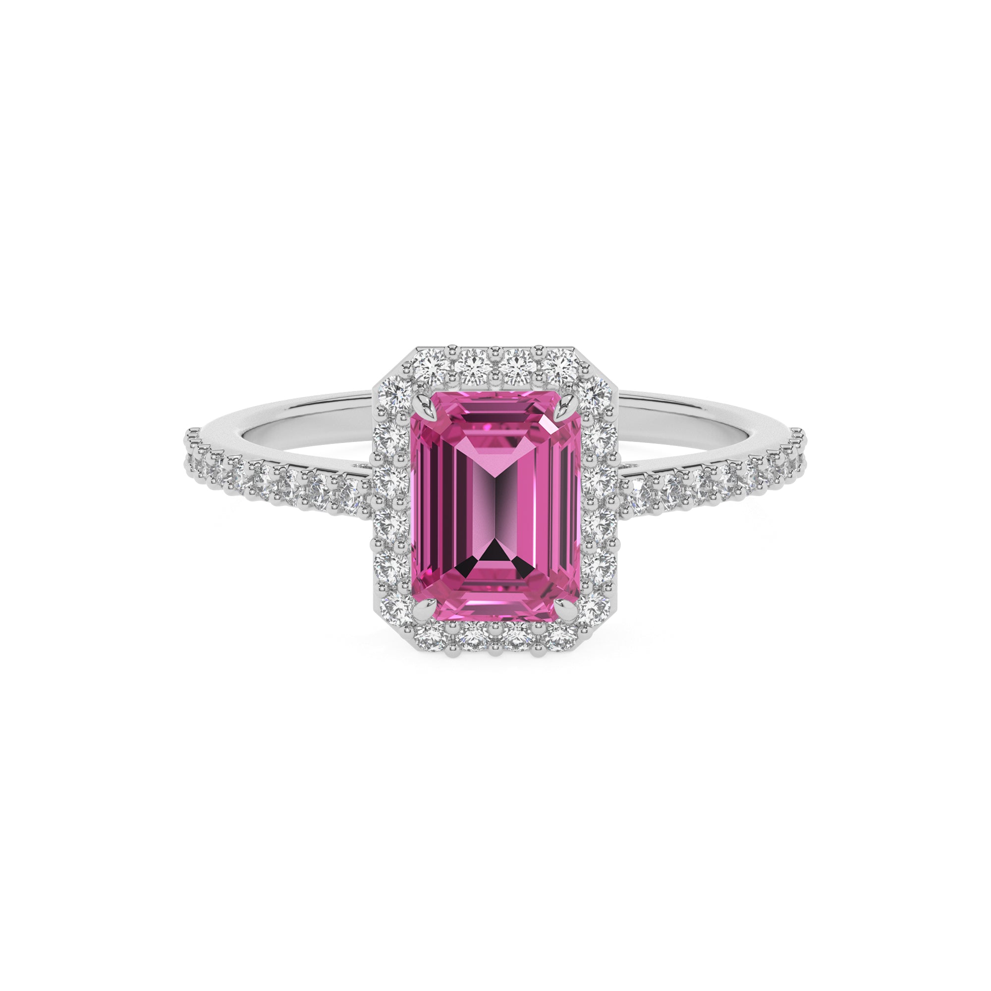 lab-grown pink-tourmaline emerald half eterity halo solitaire engagement ring