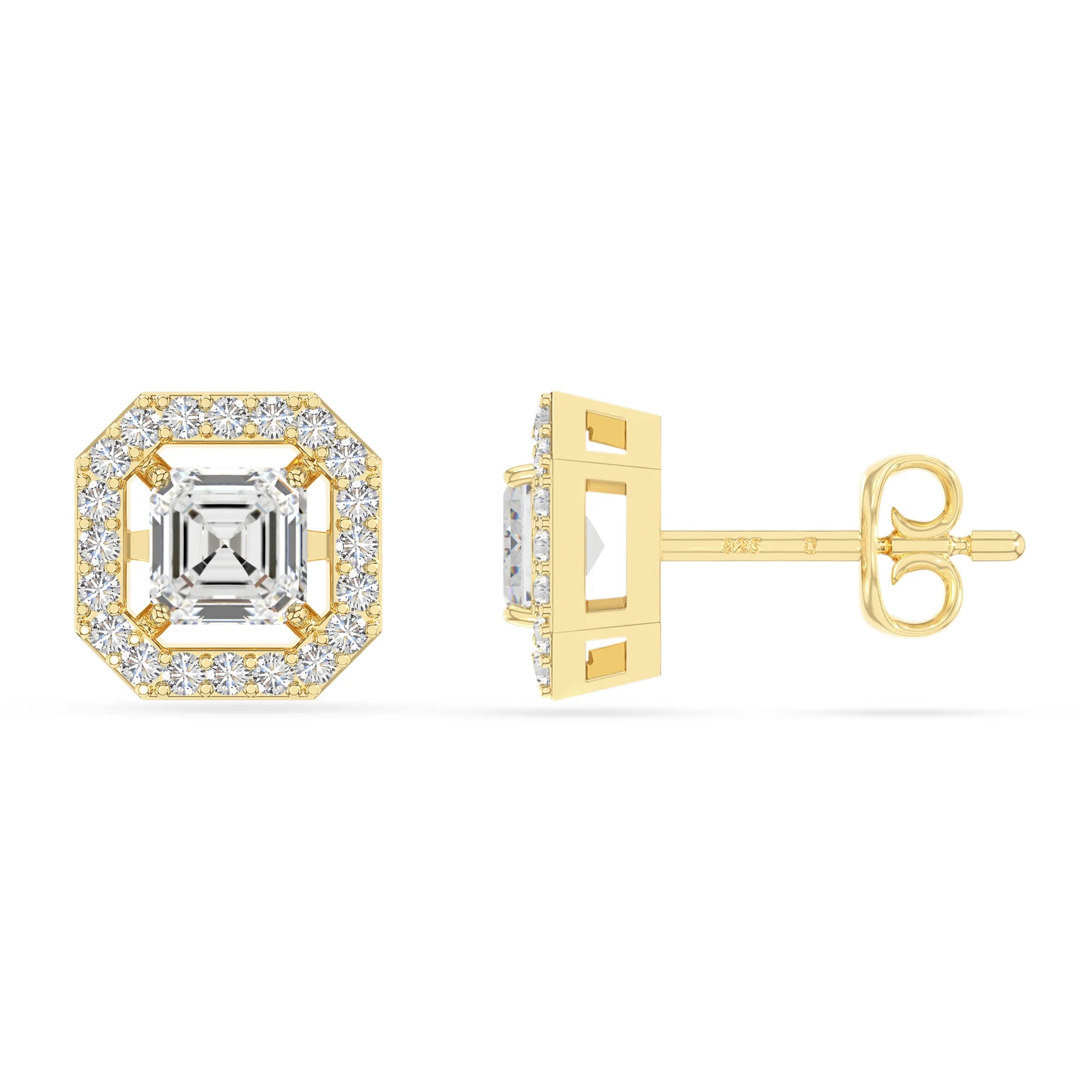 moissanite halo stud earrings in yellow gold vermeil 