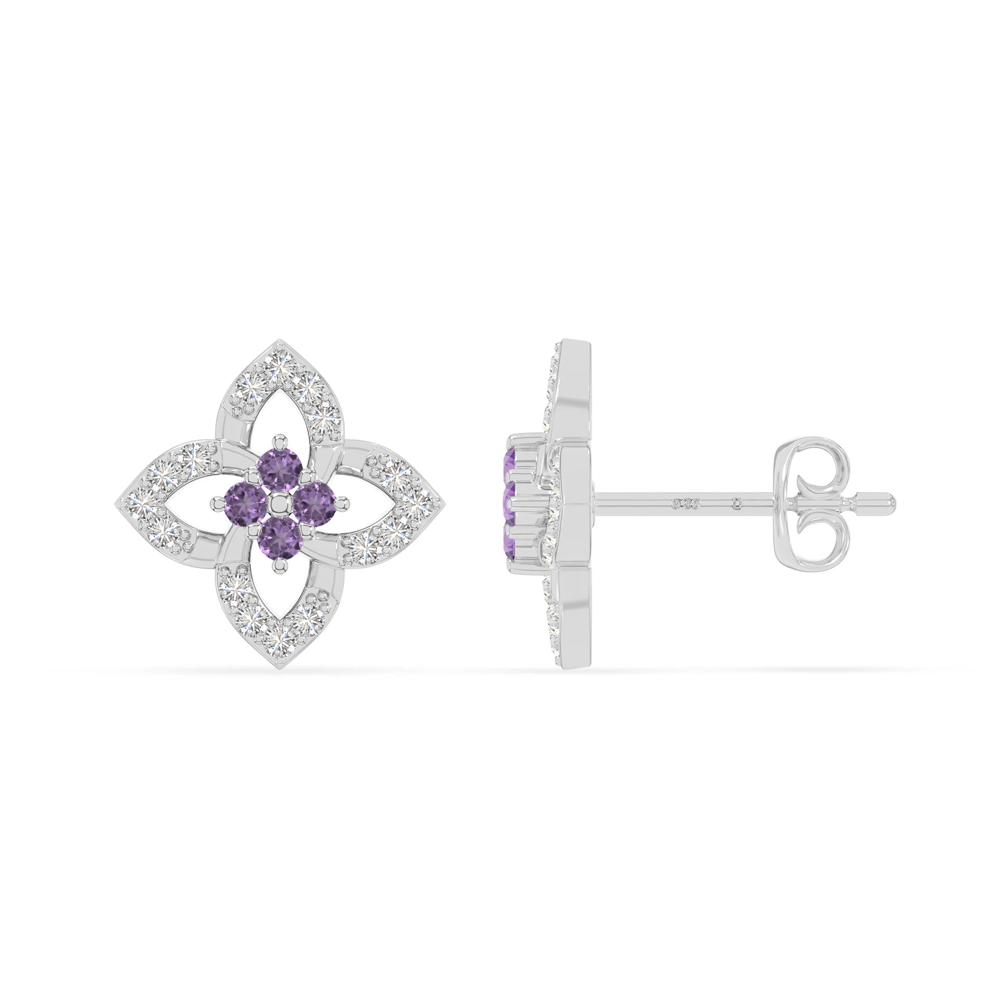 natural amethyst 4 petal flower stud earrings in sterling silver 