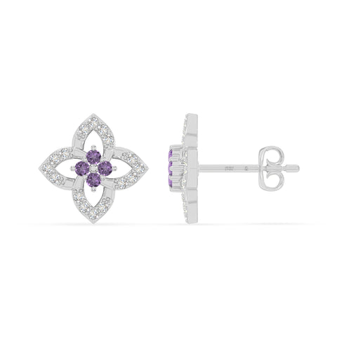 natural amethyst 4 petal flower stud earrings in sterling silver 