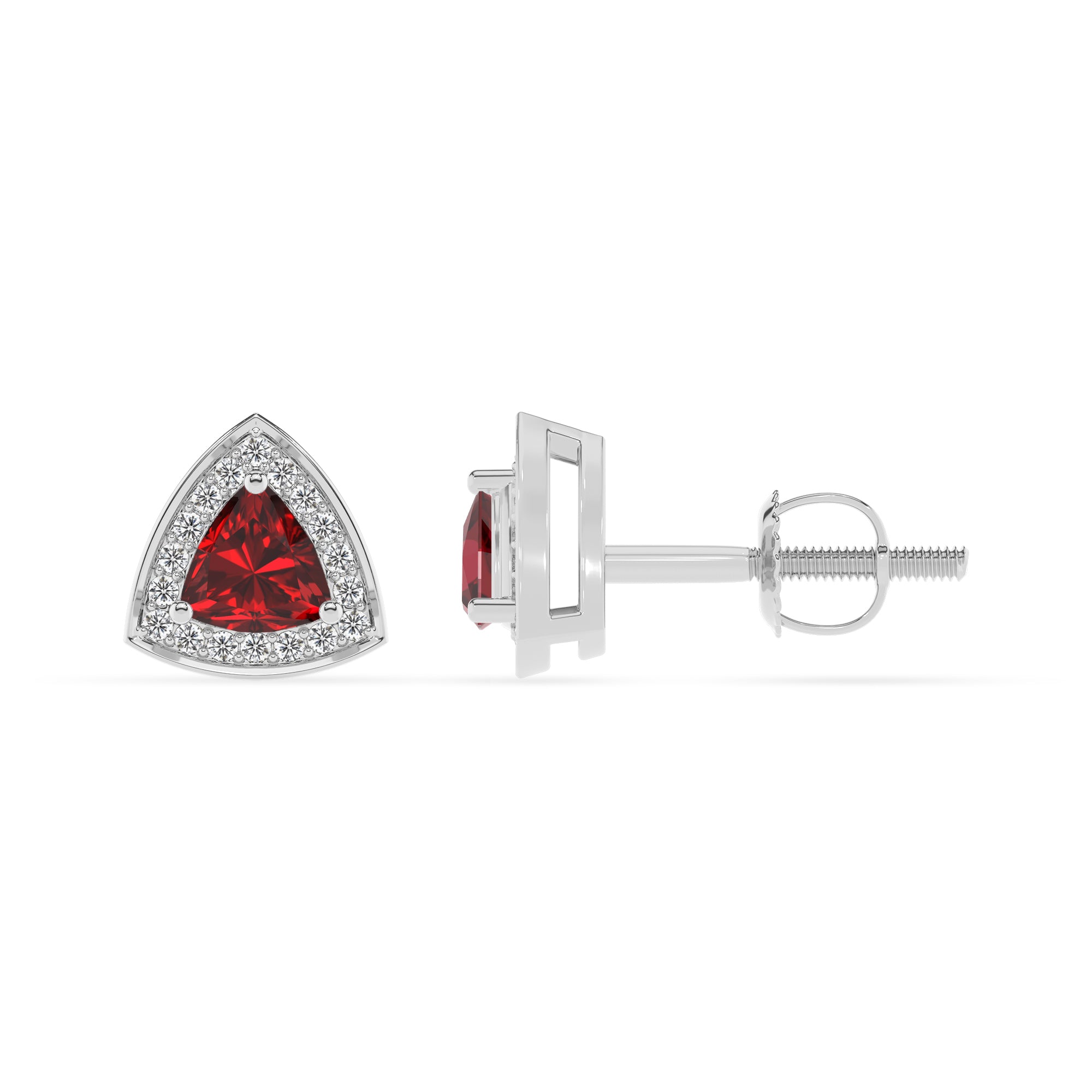 lab grown ruby trillion stud earrings with moissanite 