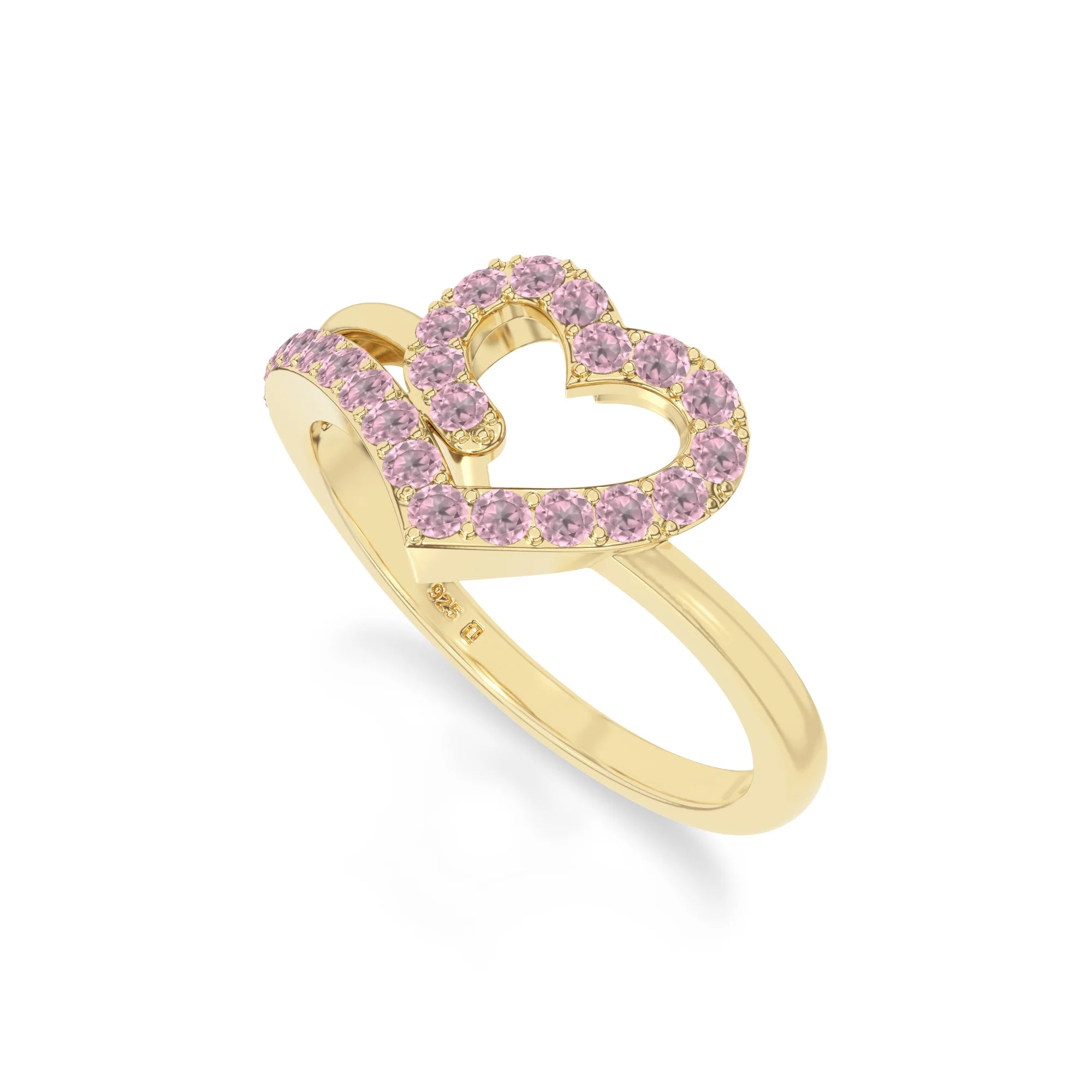 natural pink tourmaline heart promise rings in yellow gold vermeil