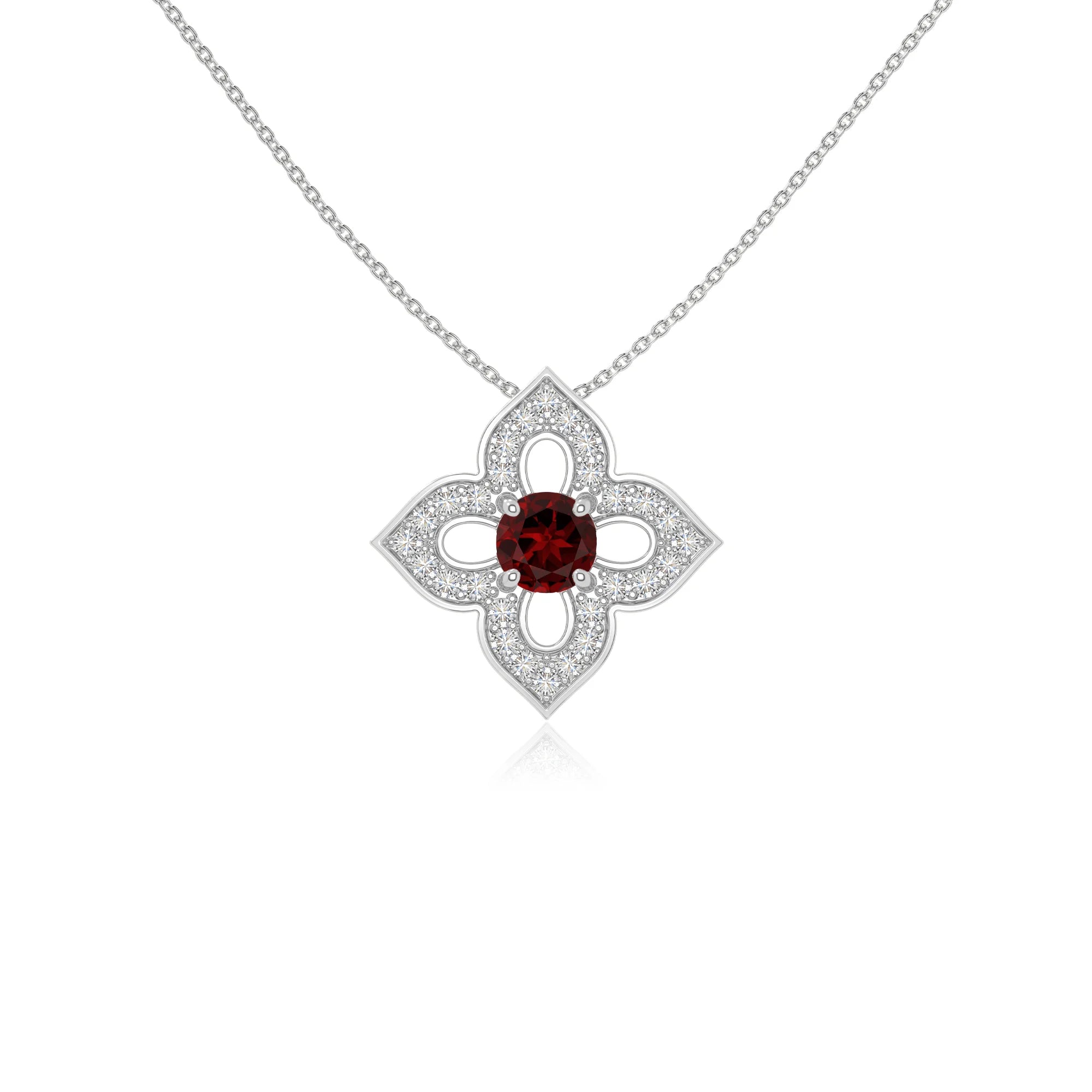 natural garnet 4 petal flower necklaces in sterling silver 
