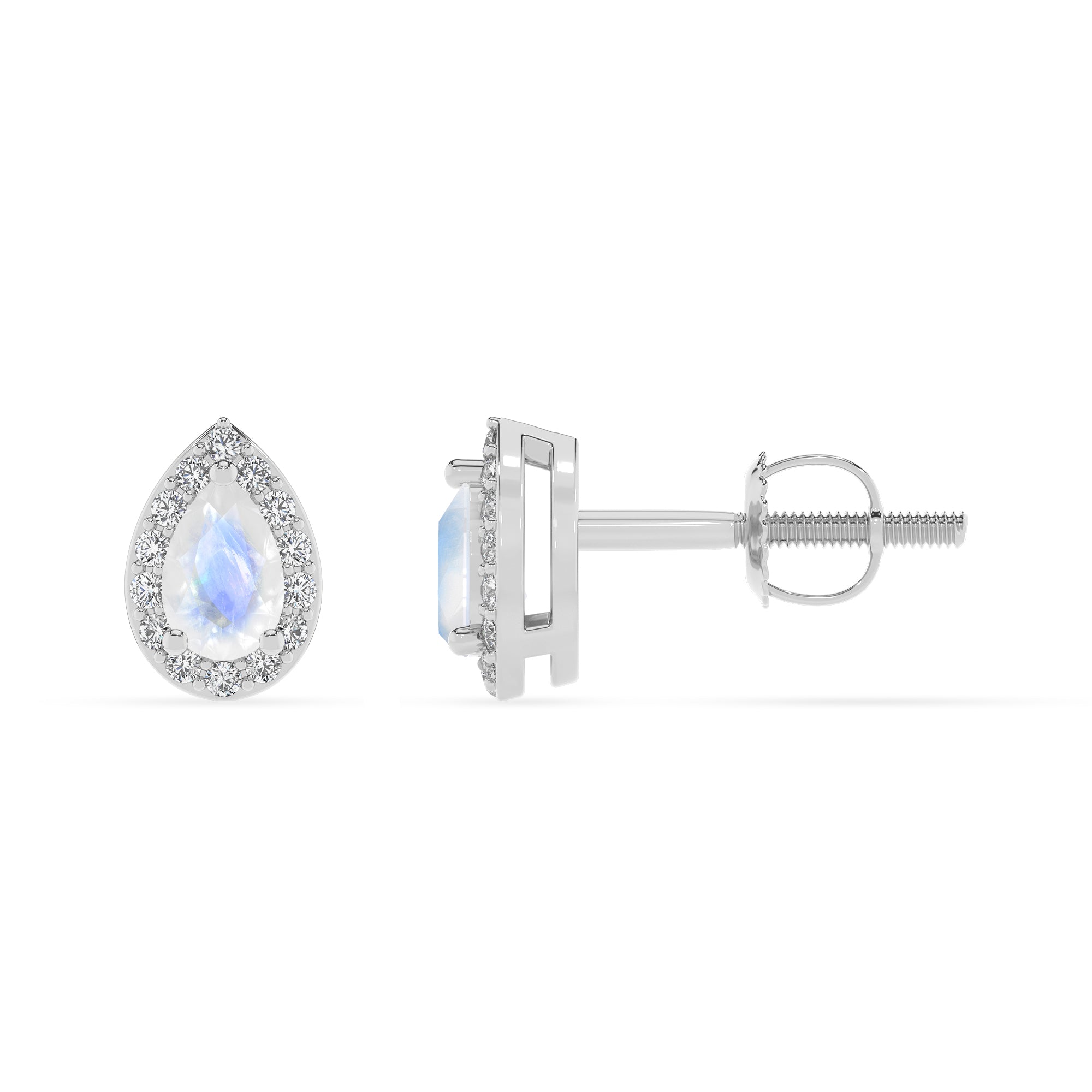 natural rainbow moonstone pear stud earrings with moissanite 