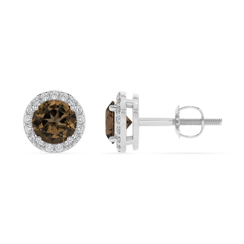 natural smoky quartz round stud earrings with moissanite 